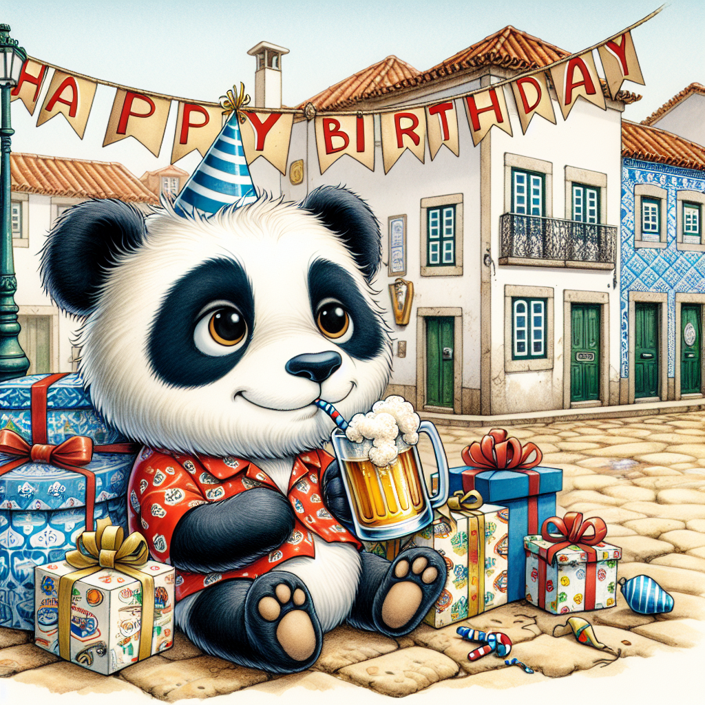 A heartwarming scene of a cute panda in Portugal, joyfully celebrating a birthday. The panda, clothed in a vivid red fisherman's shirt, delicately sips from a mug of local Portuguese beer. It is comfortably seated in the middle of a cobblestone square, surrounded by buildings adorned with vibrant azulejo tiles. Swaying gently in the soothing breeze overhead, a banner with the greeting 'Happy Birthday' is clearly visible. An array of birthday presents, their wrapping papers notably inspired by traditional patterns of Portuguese folklore, contribute to the merry ambience, forming an inviting circle around this delightful panda.
Generated with these themes: Portugal, Panda, and Beer.
Made with ❤️ by AI.