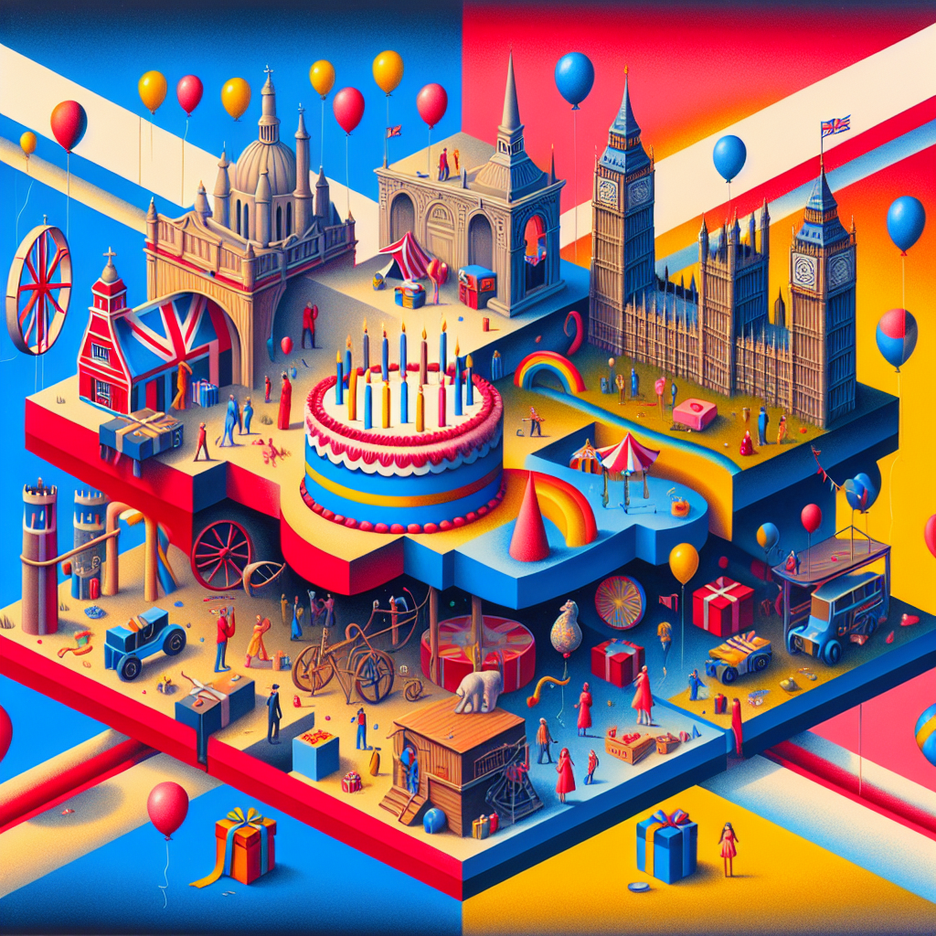A surreal illustration for a birthday theme with a colorful background. The composition has a geometric division resembling primary colors, reminiscent of art styles prominent before 1912. The scene is taking place within these sharp geometric spaces where a map subtly outlining the shape of the UK houses various birthday elements such as balloons, gifts, and a cake. Imaginary characters of diverse descents and genders wander through the counties, engaging in celebrations. Iconic elements resembling a large historic clock tower and a significant ferris wheel blend surrealistically with the birthday party scenery.
Generated with these themes: Mondrian, and Uk map.
Made with ❤️ by AI.
