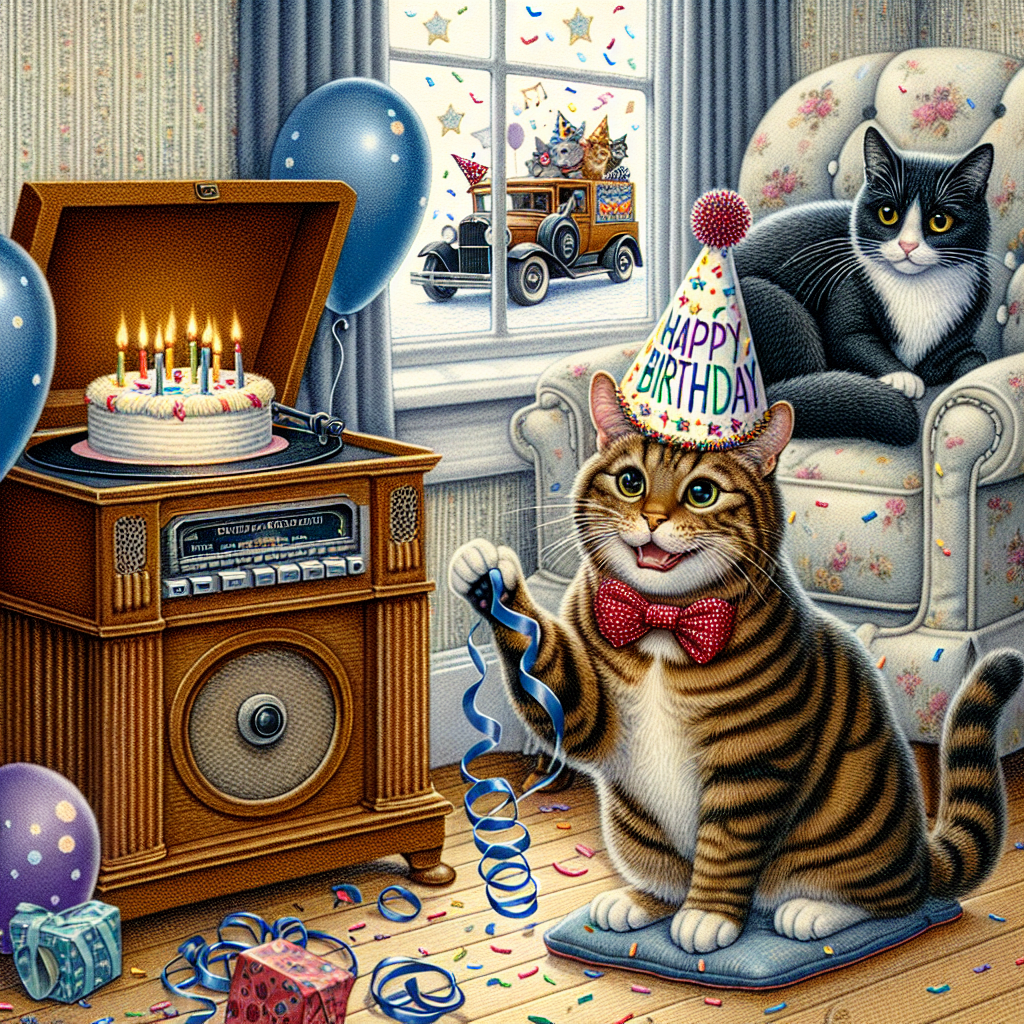 Create a charming illustration with a birthday theme, featuring a jubilant brown tabby cat wearing a tiny party hat and playfully batting at ribbons. Nearby, its companion, a black and white cat, sits elegantly perched atop a cushion. The room is filled with the nostalgic sounds of birthday melodies emanating from an antique hi-fi system playing vinyl records. As an unusual and unique touch to the celebration, there's a scene presented through a window where a convoy of American trucks, decorated with banners and confetti, is rumbling by.
Generated with these themes: Brown tabby cat, Black and white cat, Hi-fi, American trucks, and Records.
Made with ❤️ by AI.