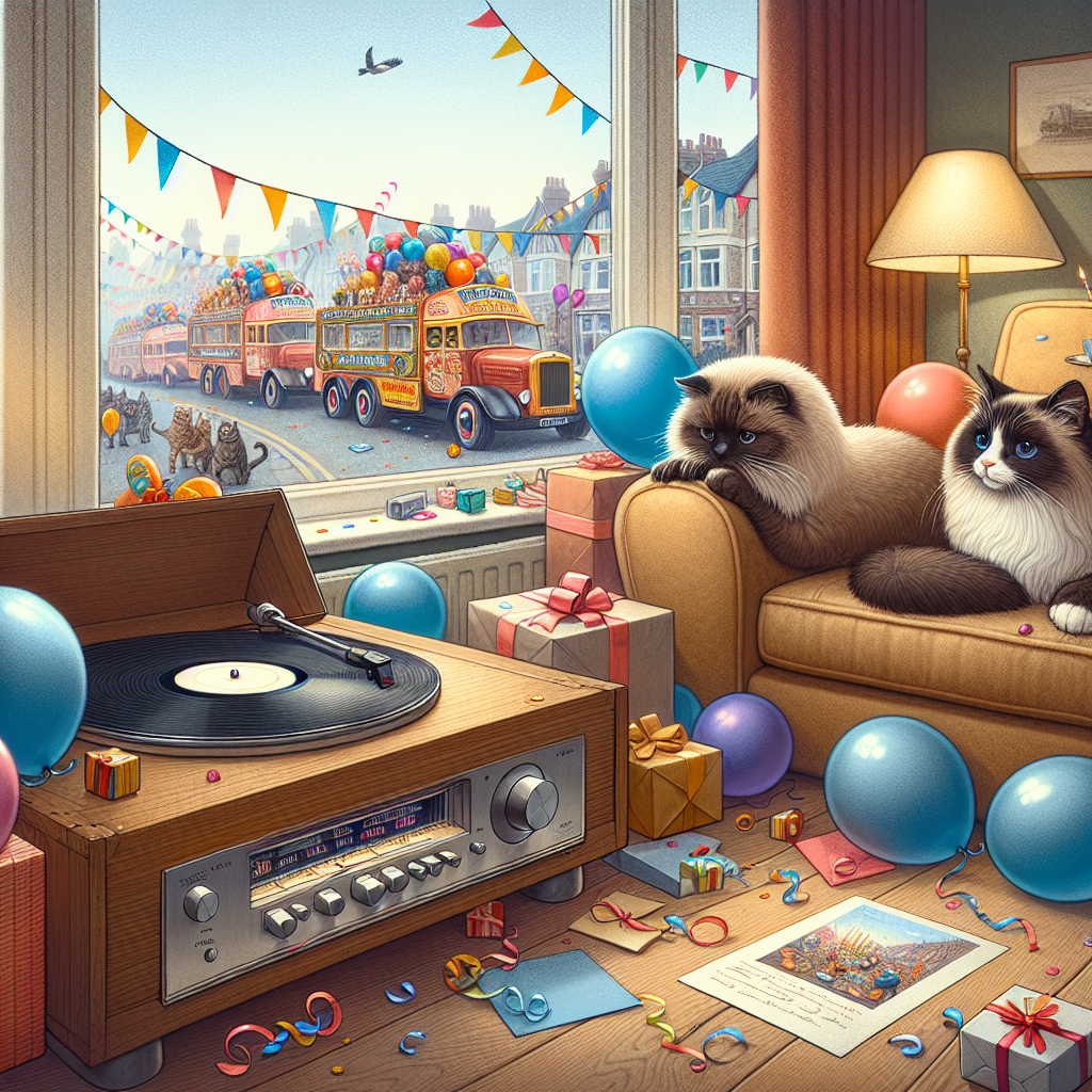 The illustration captures a touching birthday celebration in a cozy living room. Two cats, one a fluffy brown tabby and the other a sleek black and white breed, are lounging comfortably amidst scattered gifts and decorations. A vintage hi-fi stereo occupies one corner, and the needle delicately lowers onto a spinning vinyl record, playing a cheerful tune. In the distance, seen through a window, there's a procession of brightly colored trucks festooned with streamers and balloons, seemingly participating in an elated birthday parade.
Generated with these themes: Brown tabby cat, Black and white cat, Hi-fi, American trucks, and Records.
Made with ❤️ by AI.