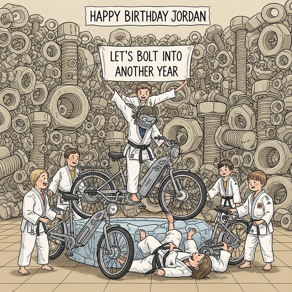 Judo, nuts and bolts, kids, electric bike, and Birthday Card