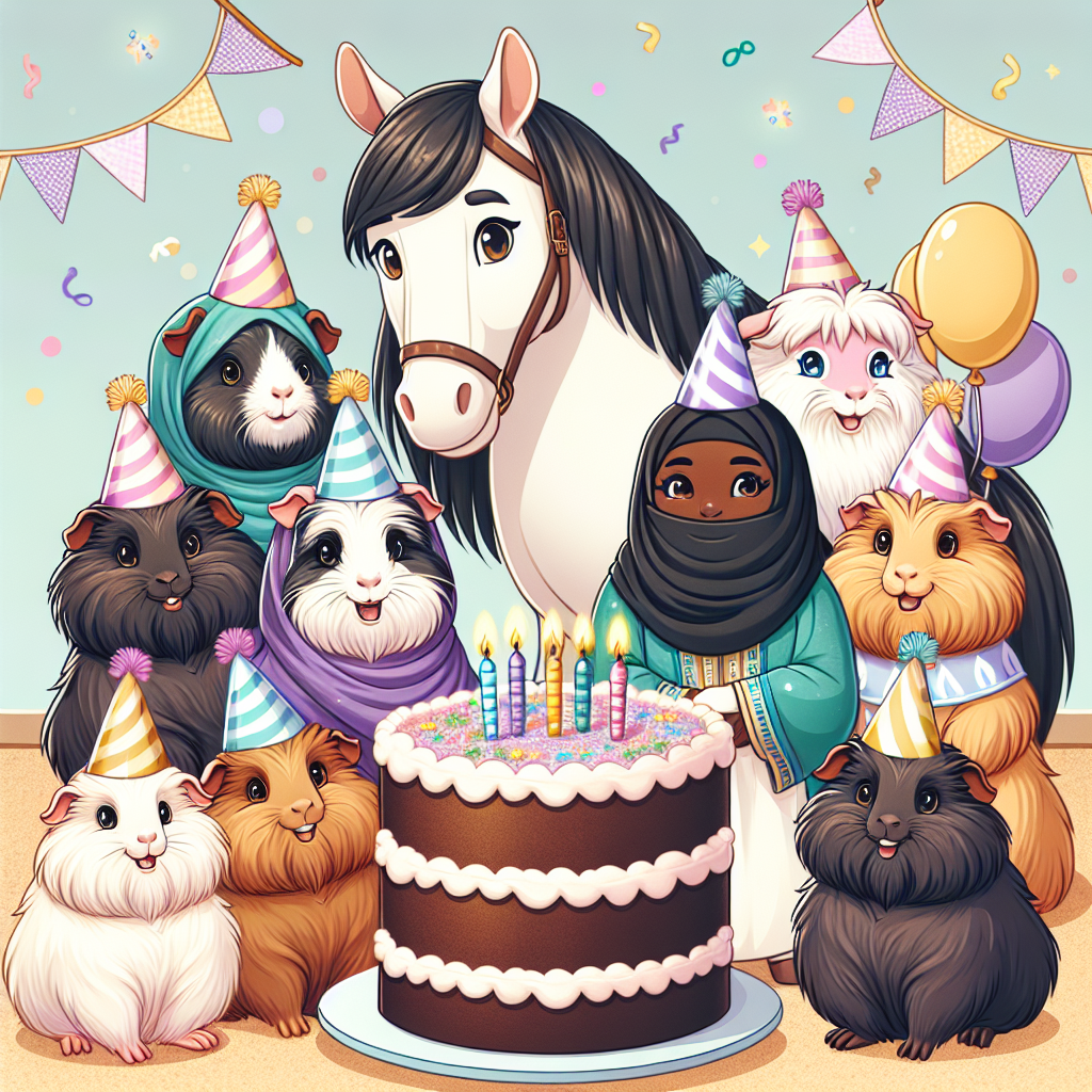 Create a charming birthday-themed illustration featuring a diverse group of fluffy guinea pigs. They could be South Asian, Caucasian, Middle-Eastern, Hispanic, Black, and White. Each one is donned with a cute party hat and they are gathered around a majestic horse. The horse with a gentle smile possibly resembling a pleasant White male could be at the center of the scene. They all stand in front of a large, decadent chocolate cake that is beautifully decorated with playful icing and candles, hinting that they are ready for a heartwarming celebration.
Generated with these themes: Guinea pigs, Horse, Cake, and Chocolate.
Made with ❤️ by AI.