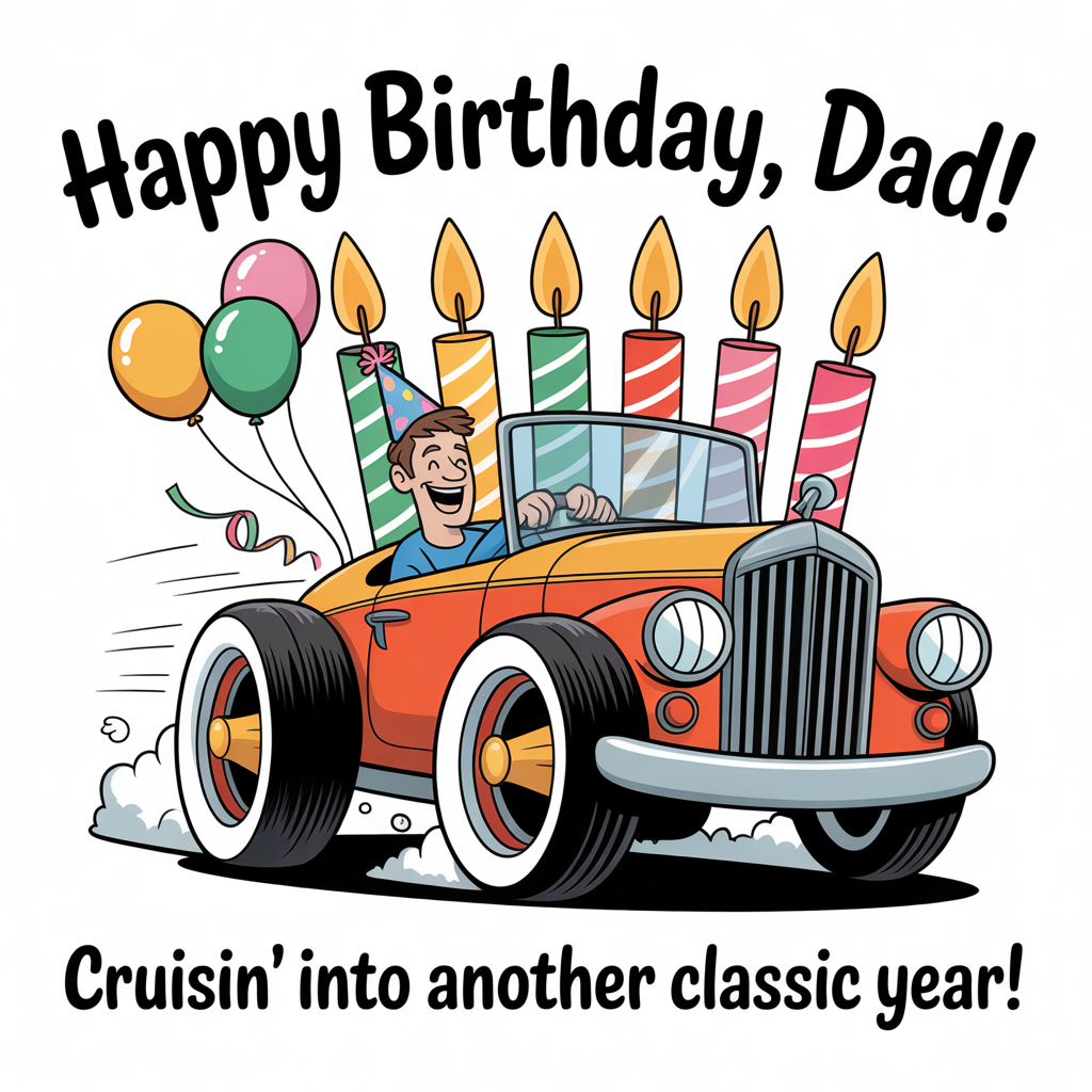 At the top of the image, "Happy birthday, dad!":

At the bottom of the image, "Cruisin' into another classic year!" 

- In the center of the image, illustrate a playful cartoon scene featuring a vintage car with exaggerated, oversized wheels, vibrant colors, and a gleeful expression on the car's "face". The car should be cruising down a road made of birthday candles, with a cartoon version of dad at the wheel, wearing a party hat and grinning ear to ear. Balloons and streamers trail behind, adding to the festive feel.
Generated with these themes: Vintage cars, and .
Made with ❤️ by AI.