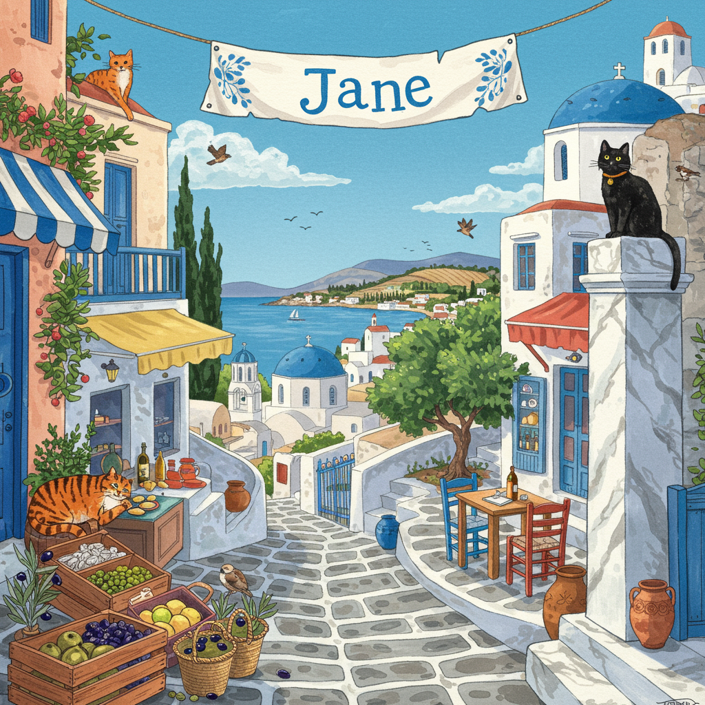 In this whimsical birthday card scene, imagine a bustling Greek village square at midday, vibrant and full of life. The setting is an idyllic coastal town, characterized by classic whitewashed buildings with blue domed roofs. 

In the foreground, a cobblestone street is filled with details: small market stalls displaying colorful wares like woven baskets, hand-painted ceramics, and jars of local honey. The vibrant hues of the goods contrast with the subtle pastels of the surrounding buildings. 

To the left, a playful tabby cat lounges atop a wooden crate filled with olives, its tail lazily flicking over the edge. The tabby has striking, detailed stripes of warm orange and black, its eyes a mischievous green, observing the scene. On the opposite side, a sleek black cat sits regally on a marble pillar, wearing a tiny gold collar with a small, shiny bell. Its fur is meticulously illustrated with a glossy sheen, catching the light in fine detail.

Above, the sky is a brilliant azure, with a few fluffy, white clouds drifting lazily across. A banner strung between two shop awnings flutters gently in the breeze. It reads "Jane" in bold, festive lettering that echoes the colors of the Greek flag – blue and white – with intricate, hand-drawn laurel wreath patterns bordering the name.

In the middle ground, a traditional Greek taverna beckons with its charming open-air seating, wooden chairs painted in bright blues and greens. A trio of sparrows flits above, adding a touch of dynamic movement to the scene.

Farther back, rolling hills dotted with olive trees and cypress line the horizon, painted in rich greens and earthy browns, creating a sense of depth and richness. In the distance, the shimmering sea glimmers under the Mediterranean sun, painted with strokes of deep blue and turquoise, completing this picturesque Greek getaway.

This scene, filled with intricate details and playful elements, captures a moment of joy and whimsy, perfect for celebrating Jane's special day.
Generated with these themes: 2 cats- one tabby and one black, Travel, Greece, and Shops.
Made with ❤️ by AI.