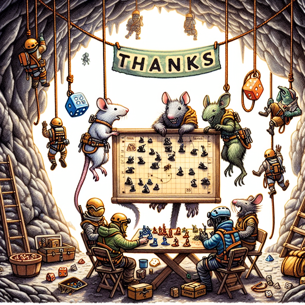 An endearing cartoon-style illustration shows an unconventional board game night happening inside a snug mountain cave. A generic fantasy-based miniature war game is being played with dice sprinkled amongst the intricately painted half-inch figures. Around the game board, imaginary creatures kitted out with climbing gear, including harnesses and carabiners, are shown taking a pause from their vertical journey to join the merriment. Suspended above, a banner, creatively designed to mimic a climbing rope, bears the inscription 'Thanks!' This scene cleverly combines a sense of gratitude with the elements of tabletop friendship and the excitement of mountaineering.
Generated with these themes: WarHamer, Board games, and Climbing.
Made with ❤️ by AI.