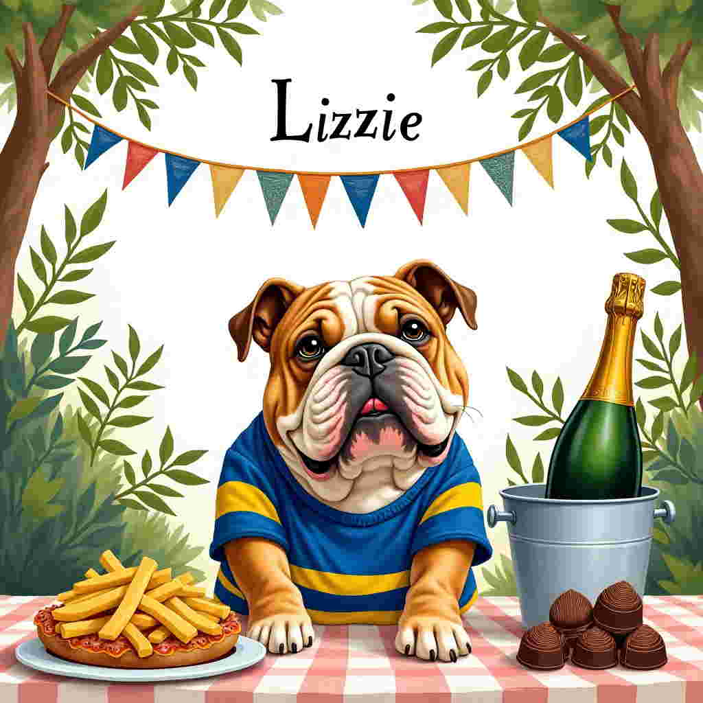 **Card Front Cover Illustration Description:**

Picture a lively birthday celebration with a playful, hand-drawn style reminiscent of Norman Rockwell and Quentin Blake. At the center, a cheerful English Bulldog dons a blue and yellow Leeds United Football Club jersey. His wrinkled face is full of expression, showing off his playful nature. The blue and yellow stripes of the jersey are vibrant, capturing the essence of the club’s colors.

To the left, a delightful platter of chips smothered in melted cheese and rich brown gravy is drawn in mouth-watering detail. The chips are golden and crisp, the cheese gooey, and the gravy slightly glossy, capturing their indulgent texture.

In the background, a table adorned with an ice bucket holding a bottle of champagne is skillfully illustrated. The champagne bottle glistens with condensation, its green glass offset by a bright golden foil wrapping. Beside the bottle, an open box of seashell chocolates spills onto the table, each piece detailed to show the intricate swirls and speckles of milk, dark, and white chocolate.

Above the scene, a whimsical banner unfurls across the sky with the word "Lizzie" written in bold, playful letters. The banner appears to be made of delicate bunting, with each triangle in a different pastel color, gently waving as if caught in a gentle breeze.

The background is an English garden scene with detailed foliage drawn in the style of Arthur Rackham, with twisting trees and finely illustrated leaves, framing the festive scene.

Overall, the illustration is rich with details that draw the eye around the card, capturing the essence of a personalized and spirited birthday celebration infused with English charm and a touch of football fever.
Generated with these themes: Leeds United Football Club, English Bulldogs, Chips with cheese and gravy, Champagne, and Seashell chocolates.
Made with ❤️ by AI.
