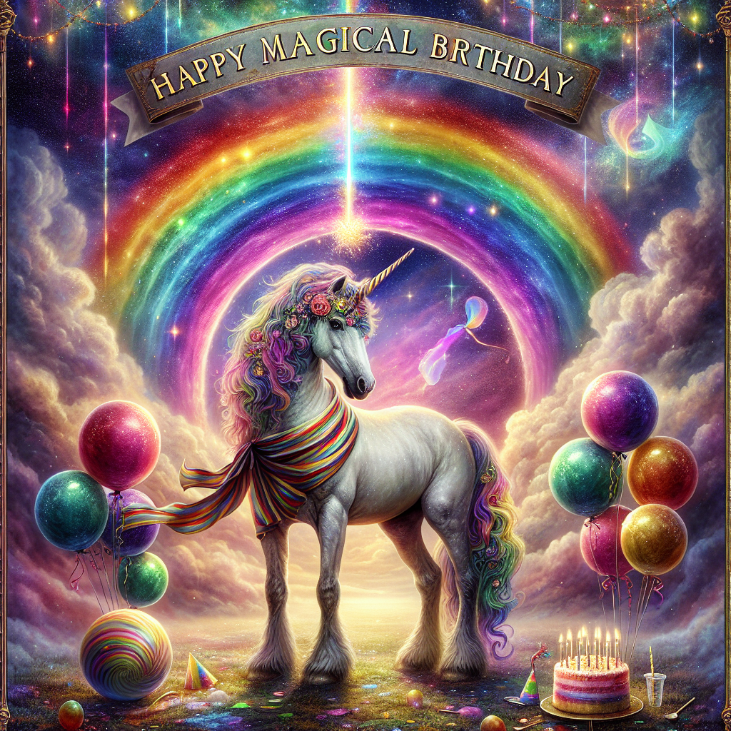 The image echoes the essence of one imaginative magical tale. A unicorn with a playful demeanor wears a striped scarf much like those worn in fantasy tales about young wizards. It is positioned beneath two arches of vivid colors stretching across the sky, almost like a double rainbow. Above, the velvet sky is aglow with colors that seem to be the magical effect of a wand held with a victorious spirit, releasing a burst of sparkles. The scene is alive with the celebration of a birthday - spherical ornaments filled with helium, colorful paper pieces, and a banner stretching across the top, featuring the words, 'Happy Magical Birthday', set against the backdrop of this whimsically enchanting setting.
Generated with these themes: Unicorn , Rainbow, Harry potter, and Rainbow.
Made with ❤️ by AI.