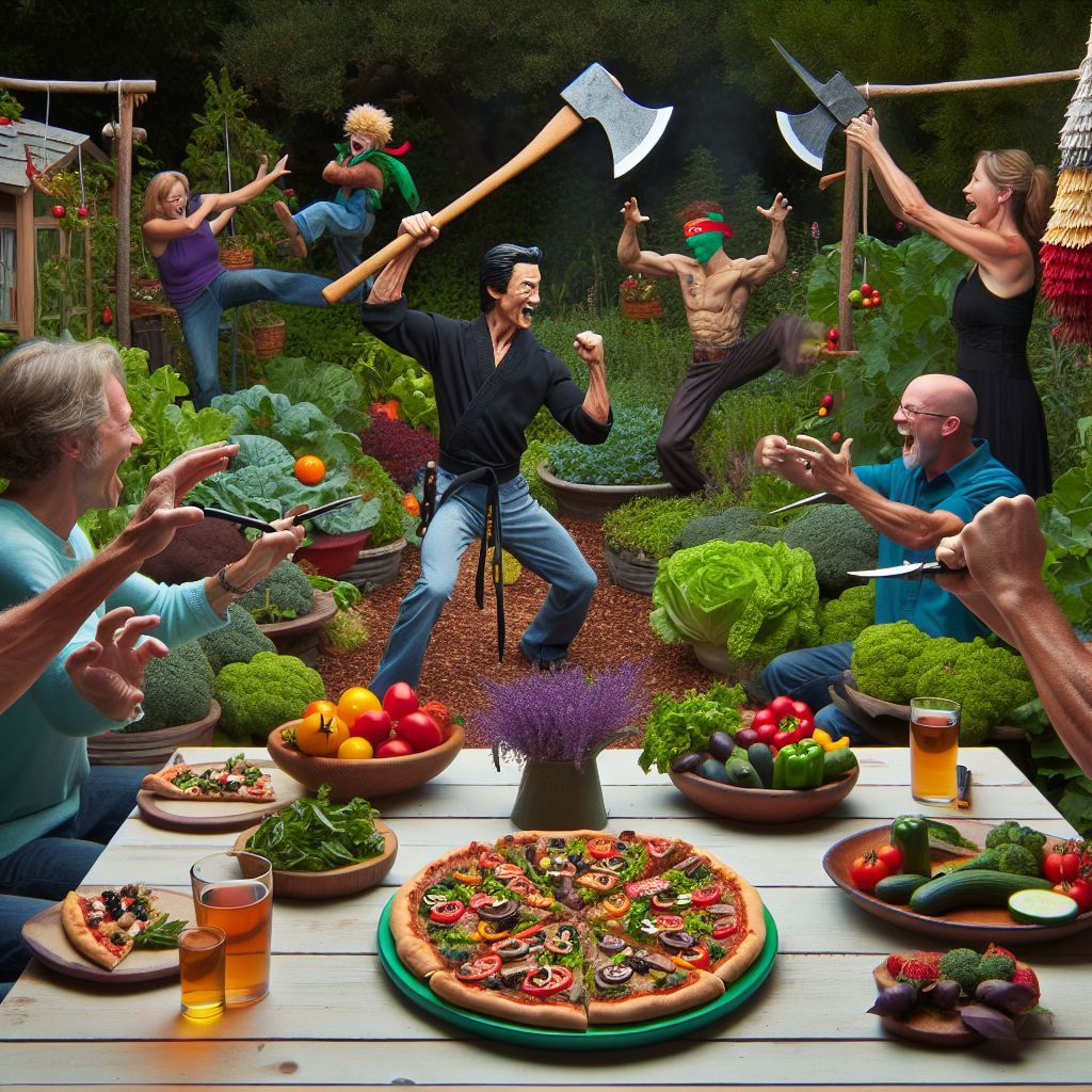 A whimsical birthday party is taking place in a lush vegetable garden. The spotlighted individual, the guest of honor, is humorously using numchucks to defend against imaginary threats, an action clearly influenced by his admiration for popular martial arts figures. The guests, in between fits of laughter, are savoring custom-made pizzas generously topped with fresh produce from the surrounding garden. The party is adorned with miniature replicas of axes and other gardening tools. Adding to the hilarity, an unknown challenger resembling a famous martial artist barges into the scene, instigating a playful mock duel with the birthday man. Nearby, an axe-shaped piñata playfully sways from a sturdy oak tree, eliciting anticipation for its eventual burst.
Generated with these themes: Growing vegetables on his allotment, His numchucks, Bruce lee, Pizza, and Axes.
Made with ❤️ by AI.