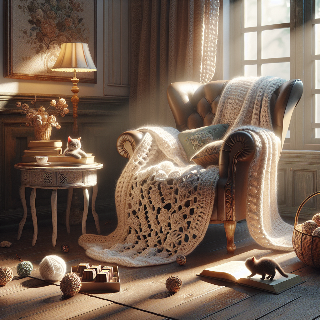 A warm and inviting corner of a living room is illuminated by the tender glow of morning sunlight, a perfect setup for Mother's Day. An exquisite hand-crocheted blanket lazily hangs over the luxurious armchair, with a frequently read, beloved book lying on its seat, distinguished by its well-worn spine. Next to the chair, a petite table is positioned, carrying an opened box of premium chocolates; a few pieces have been enjoyed, indicating a recent treat. About the room, lighthearted felines frolic, chasing after balls of string that have spun out from a crochet basket, adding a whimsical flair to the peaceful ambiance.
Generated with these themes: Crochet , Reading, Chocolate , and Cats .
Made with ❤️ by AI.