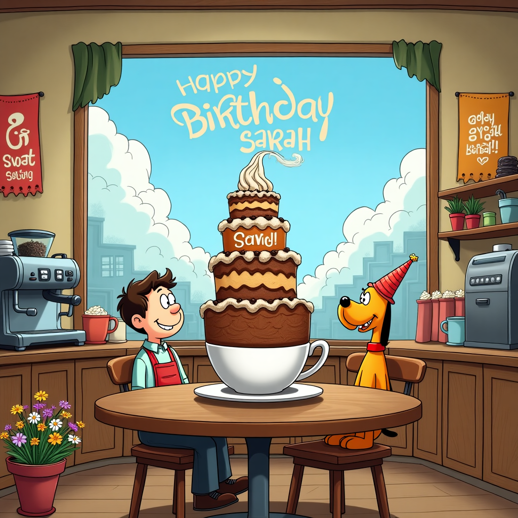 In the whimsical heart of a bustling coffee shop, a cartoon birthday scene unfolds, capturing a moment of pure delight. The shop, designed with warm wooden interiors and vintage coffee machines, buzzes with playful activity. At the center, a round, wooden table holds a towering, multi-layered birthday cake shaped like a steaming cup of cappuccino. The cake is frosted with velvety swirls of mocha and vanilla, topped with a delicate sugar-crafted foam that looks ready to spill over the rim. The words "Happy Birthday, Sarah!" are written in looping, chocolate lettering that arcs across the cake's frothy surface.

Sitting around the table are a lively group of characters: a smiling barista with a perky apron, holding a pot of freshly brewed coffee; a tiny animated coffee bean wearing a party hat, playfully balancing on the cake; and a jovial dog, reminiscent of a Disney-esque Pluto, eagerly eyeing the cake. On the shop's walls, colorful banners hang, with one prominently displaying "Sarah's Special Brew-day!" in a bold, cheerful font. 

Through the large, panoramic window behind them, the cityscape is visible, and the blue sky is dotted with fluffy clouds. In the sky, the clouds cleverly form the shape of a steaming coffee cup, with the steam subtly spelling out "Sarah" in whimsical, swirling letters, like a secret message from the heavens. The foreground features a small vase of vibrant wildflowers, adding a touch of nature to the lively coffee shop birthday tableau. This playful scene captures the essence of celebration and coffee culture, combining elements that echo the storytelling style of Schulz and Watterson, with a touch of Larson’s quirky humor.
Generated with these themes: Coffee shop.
Made with ❤️ by AI.