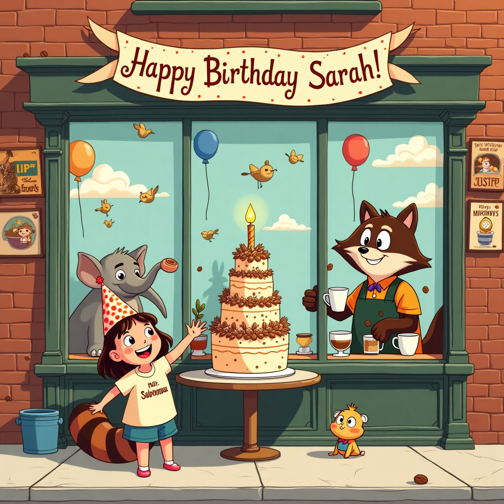 In this whimsically delightful birthday scene, the quaint coffee shop is bustling with quirky characters who resemble a mixture of the nostalgic styles of Schulz and Eisner, with a sprinkle of Disney’s animated charm. The setting is a cozy street corner café, with large glass windows adorned with colorful, hand-drawn coffee beans and cupcakes. Through the windows, you can see an eclectic array of patrons sipping from oversized mugs, each cup with whimsical steam curling up and morphing into shapes that hint at little birthday secrets.

At the heart of the scene, right in front of the counter, stands a small, round table. Atop it is a decadent three-tiered birthday cake adorned with a cascade of coffee beans and whipped cream peaks, a nod to the café’s theme. Boldly displayed on the cake is a sparkling sugar inscription that reads "Happy Birthday Sarah!" in a vibrant, swirling font. The barista, a cheery raccoon with a striped tail, is serving an espresso to a tiny, bow-tie-wearing elephant sitting at the table beside the cake.

Suspended from the ceiling are pastel-colored balloons and a long, flowing banner that swoops gracefully across the upper part of the card, further announcing "Happy Birthday Sarah!" in playful, polka-dotted letters. Outside the window, you can spot a parade of cartoon clouds, each one resembling a different coffee concoction—lattes, cappuccinos, and mochas—while birds carrying sugar cubes soar by. The brick walls of the café are peppered with vintage posters of steaming cups and dancing beans, adding a touch of the classic charm reminiscent of Hergé’s detailed backdrops.

In the foreground, a young girl with a smile as bright as a thousand sunbeams is joyfully reaching for a giant birthday cupcake, her party hat tilted jauntily to the side. She wears a shirt with an illustrated scene of the cosmos, perhaps a subtle nod to Tezuka’s interstellar adventures. On the sidewalk outside, Calvin and Hobbes-inspired characters peer curiously inside, adding a layer of mischief and wonder.

The entire scene captures a vibrant tapestry of storytelling elements, ensuring that Sarah’s name is lovingly embedded within this enchanting birthday celebration at the coffee shop.
Generated with these themes: Coffee shop.
Made with ❤️ by AI.