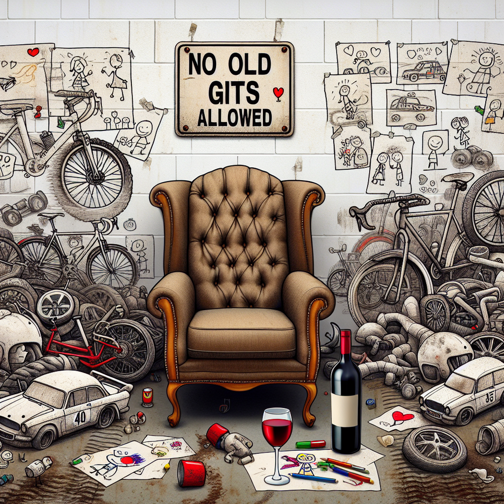 Generate a humorous Father's Day themed illustration that features a chaotic garage filled with bicycles and rally cars strewn about in a disorderly fashion. Prominently displayed is a sign that reads 'No Old Gits Allowed.' At the center of the scene is a plush armchair, with a bottle of exquisite red wine and a matching glass resting on a small table beside it. In the background, the evidence of vehicular fun is showcased by greasy tire tracks leading to a wall adorned with children's drawings. These creative works, showing stick-figure families and doodled hearts, are loving tributes to an unseen father.
Generated with these themes: Cycling, Rally cars, Old git, and Red wine.
Made with ❤️ by AI.