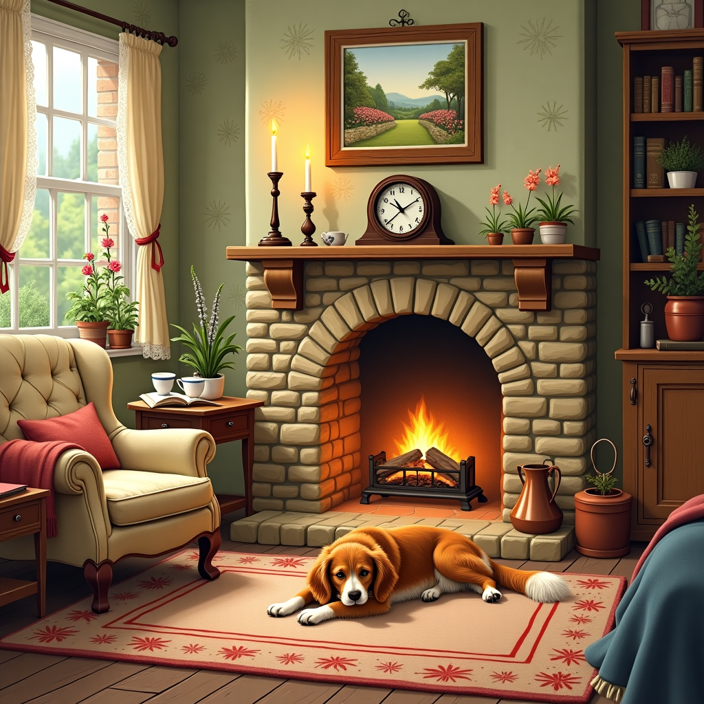 **Front Cover Illustration Description:**

**Central Scene:**  
A quaint and cozy English cottage interior, centered around a charming, rustic fireplace. The fireplace is crafted from old, warm-toned stones, and an oak mantelpiece holds an ornate clock, ticking away gently. Above the mantelpiece, a simple, round mirror reflects the room’s warmth. Two rustic candle holders with flickering candles stand beside the clock, casting a gentle, ambient light.

**Foreground Details:**  
In front of the fireplace, a fluffy, caramel-colored dog lies contentedly on a woven woolen rug. The dog, a mix of Cocker Spaniel and Beagle, has floppy ears and a white-tipped tail. Its eyes are slightly closed as it basks in the glow from the fire.

**Furniture:**  
To the left, a comfortable armchair with a classic English floral pattern is positioned, with a small wooden side table beside it. On the table, a porcelain teacup and an open book with a red leather cover hint at a relaxing afternoon. 

**Background Elements:**  
The room's walls are adorned with wallpaper featuring subtle green and cream damask patterns. An elegant wooden bookshelf stands against the wall, filled with well-loved books and a few potted plants with trailing vines. 

**Windows and Views:**  
To the right, a window dressed with lace curtains allows a glimpse outside, where a part of the lush English garden is visible. Through the window, delicate roses and foxgloves can be seen swaying gently, their colors vivid against the soft green background.

**Additional Details:**  
Above the dog, a framed illustration of an English countryside scene hangs, reminiscent of a Maxfield Parrish landscape, filled with soft, dreamy colors. A small copper kettle sits on a hearth, with gentle steam suggesting warmth and comfort.

**Color Palette:**  
The overall color scheme includes warm earth tones, with pops of red, soft greens, and hints of blue. The glow of the fire adds a golden hue to the entire scene, creating a visual harmony that is detailed yet welcoming.

The composition should convey a rich tapestry of domestic details, akin to the delicate style of Beatrix Potter with the expressiveness of Quentin Blake's lines, capturing a story within a single moment of celebration.
Generated with these themes: 1st Wedding Anniversary, English Cottage, Dog, and Fireplace.
Made with ❤️ by AI.
