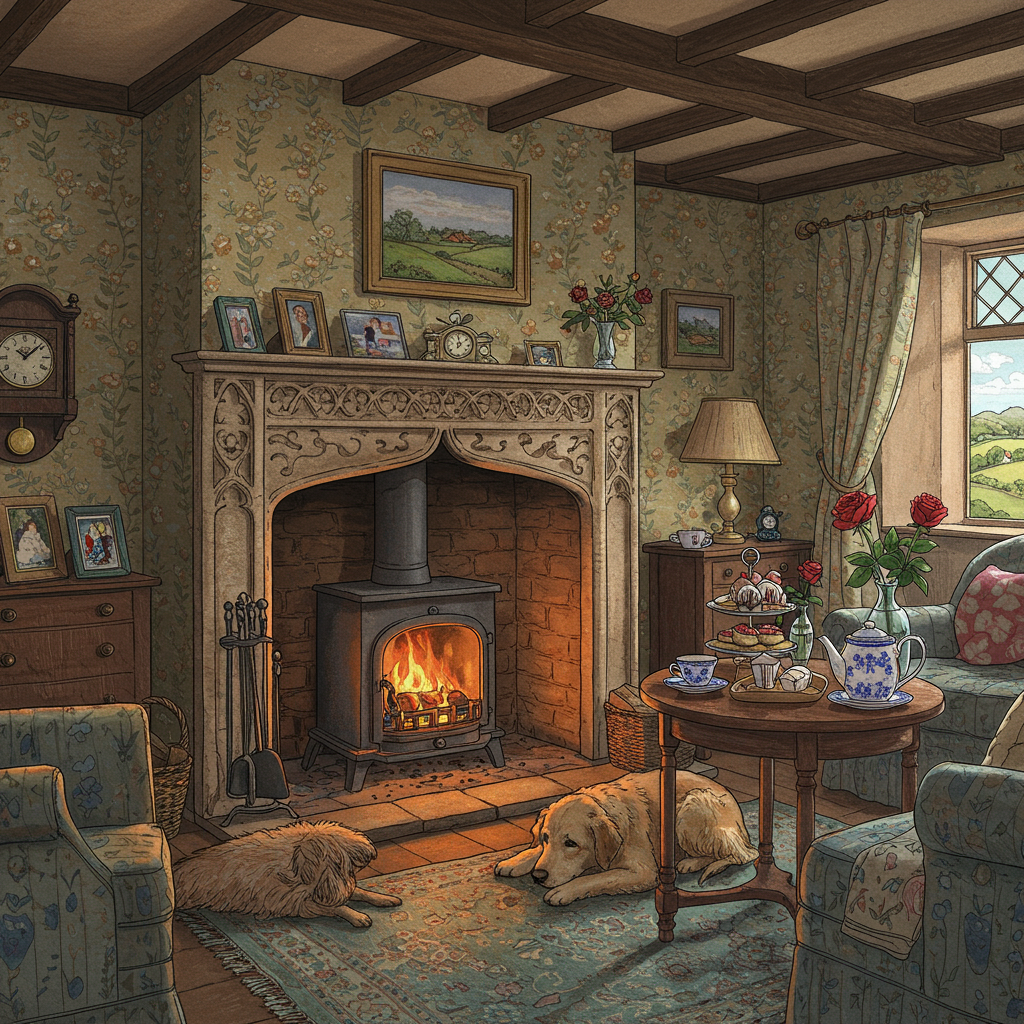 Front and center, picture a cozy, quintessentially English cottage room scene. The room is lovingly detailed, capturing the intimate setting of a couple's first wedding anniversary. The cottage walls are adorned with delicate floral wallpaper in pastel hues, reminiscent of Beatrix Potter's gentle color palette. 

In the foreground, there's a large, inviting stone fireplace. The hearth is intricately carved, drawing inspiration from Arthur Rackham's whimsical detailing. Inside, a roaring fire blazes, its flames dancing in warm shades of orange and gold, illuminating the room with a soft, flickering glow. 

To the left of the fireplace, an elegant mantelpiece holds a collection of small framed photographs and an anniversary card. The card is beautifully scripted with a romantic message, using swirling, Aubrey Beardsley-inspired calligraphy. Beside it, a small clock ticks away, its design reminiscent of a vintage timepiece from a Norman Rockwell painting.

In front of the fireplace, a plush, handwoven rug in muted blues and greens lies invitingly on the floor. Atop the rug, a loyal, fluffy dog—perhaps a friendly golden retriever—lies contentedly. Its fur is drawn with expressive strokes, a nod to Quentin Blake's charming style, while capturing the creature's rich, golden color.

To the right of the fireplace, a small, round wooden table holds a modest yet elegant display: a single red rose in a glass vase, a nod to Maxfield Parrish's vivid color use, stands as a centerpiece. Next to it, two delicate teacups and a teapot sit, crafted in the classic English style with a pattern of blue and white china.

The background reveals the room's quaint wooden beams across the ceiling, adding to the cottage's charm. Near the fireplace, a small window shows a glimpse of the lush, green English countryside outside, where gentle rolling hills, inspired by N.C. Wyeth's landscapes, fade into the distance under a pale blue sky. 

This intricate scene encapsulates the essence of an English cottage anniversary, with a blend of warm, inviting colors and detailed, expressive illustrations that invite the viewer to celebrate love in a cozy, charming setting.
Generated with these themes: 1st Wedding Anniversary, English Cottage, Dog, and Fireplace.
Made with ❤️ by AI.