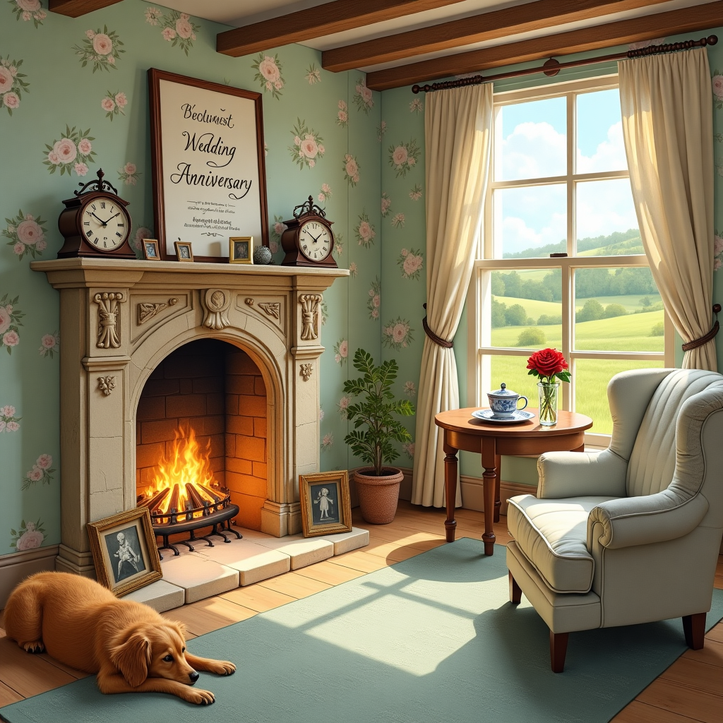 Front and center, picture a cozy, quintessentially English cottage room scene. The room is lovingly detailed, capturing the intimate setting of a couple's first wedding anniversary. The cottage walls are adorned with delicate floral wallpaper in pastel hues, reminiscent of Beatrix Potter's gentle color palette. 

In the foreground, there's a large, inviting stone fireplace. The hearth is intricately carved, drawing inspiration from Arthur Rackham's whimsical detailing. Inside, a roaring fire blazes, its flames dancing in warm shades of orange and gold, illuminating the room with a soft, flickering glow. 

To the left of the fireplace, an elegant mantelpiece holds a collection of small framed photographs and an anniversary card. The card is beautifully scripted with a romantic message, using swirling, Aubrey Beardsley-inspired calligraphy. Beside it, a small clock ticks away, its design reminiscent of a vintage timepiece from a Norman Rockwell painting.

In front of the fireplace, a plush, handwoven rug in muted blues and greens lies invitingly on the floor. Atop the rug, a loyal, fluffy dog—perhaps a friendly golden retriever—lies contentedly. Its fur is drawn with expressive strokes, a nod to Quentin Blake's charming style, while capturing the creature's rich, golden color.

To the right of the fireplace, a small, round wooden table holds a modest yet elegant display: a single red rose in a glass vase, a nod to Maxfield Parrish's vivid color use, stands as a centerpiece. Next to it, two delicate teacups and a teapot sit, crafted in the classic English style with a pattern of blue and white china.

The background reveals the room's quaint wooden beams across the ceiling, adding to the cottage's charm. Near the fireplace, a small window shows a glimpse of the lush, green English countryside outside, where gentle rolling hills, inspired by N.C. Wyeth's landscapes, fade into the distance under a pale blue sky. 

This intricate scene encapsulates the essence of an English cottage anniversary, with a blend of warm, inviting colors and detailed, expressive illustrations that invite the viewer to celebrate love in a cozy, charming setting.
Generated with these themes: 1st Wedding Anniversary, English Cottage, Dog, and Fireplace.
Made with ❤️ by AI.