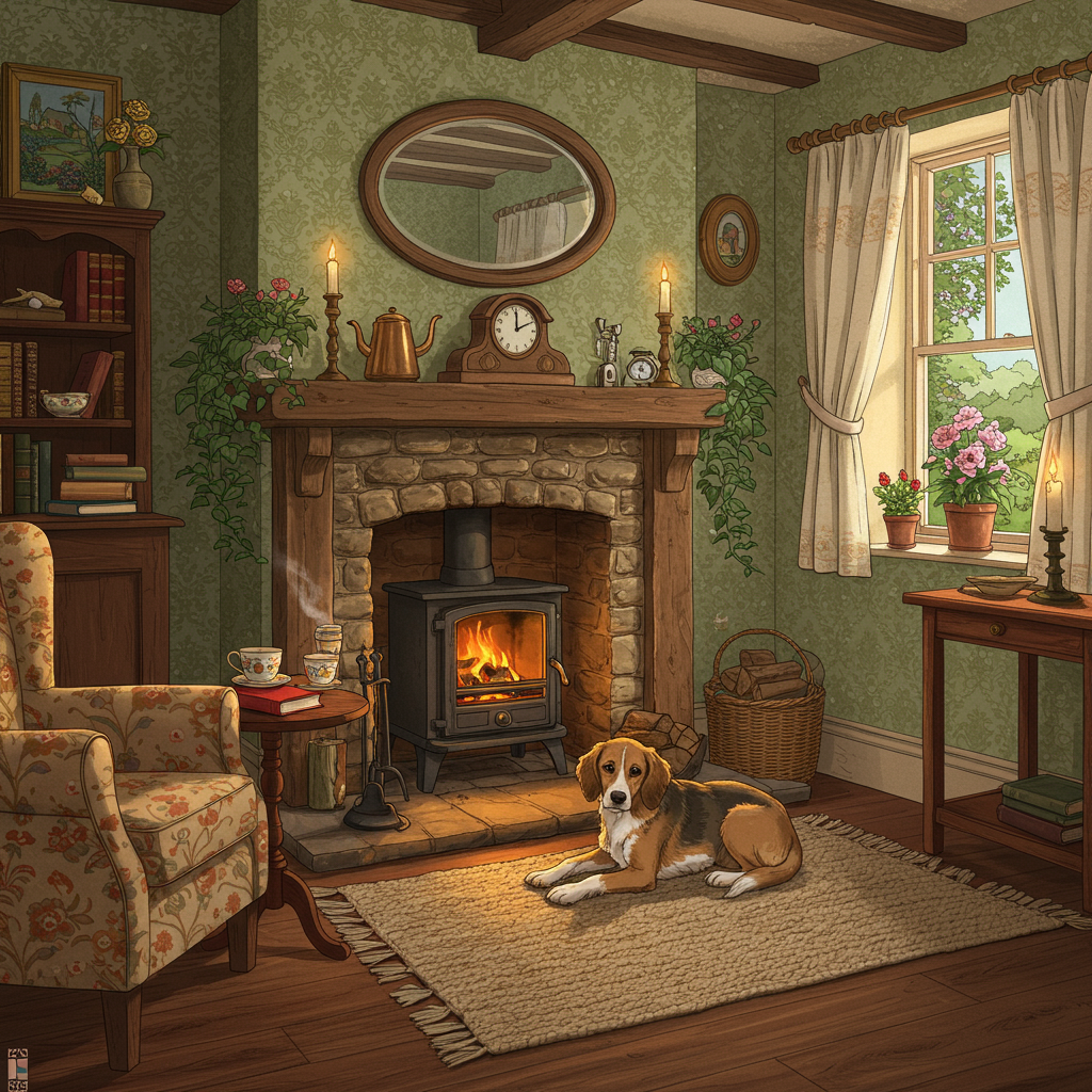 **Front Cover Illustration Description:**

**Central Scene:**  
A quaint and cozy English cottage interior, centered around a charming, rustic fireplace. The fireplace is crafted from old, warm-toned stones, and an oak mantelpiece holds an ornate clock, ticking away gently. Above the mantelpiece, a simple, round mirror reflects the room’s warmth. Two rustic candle holders with flickering candles stand beside the clock, casting a gentle, ambient light.

**Foreground Details:**  
In front of the fireplace, a fluffy, caramel-colored dog lies contentedly on a woven woolen rug. The dog, a mix of Cocker Spaniel and Beagle, has floppy ears and a white-tipped tail. Its eyes are slightly closed as it basks in the glow from the fire.

**Furniture:**  
To the left, a comfortable armchair with a classic English floral pattern is positioned, with a small wooden side table beside it. On the table, a porcelain teacup and an open book with a red leather cover hint at a relaxing afternoon. 

**Background Elements:**  
The room's walls are adorned with wallpaper featuring subtle green and cream damask patterns. An elegant wooden bookshelf stands against the wall, filled with well-loved books and a few potted plants with trailing vines. 

**Windows and Views:**  
To the right, a window dressed with lace curtains allows a glimpse outside, where a part of the lush English garden is visible. Through the window, delicate roses and foxgloves can be seen swaying gently, their colors vivid against the soft green background.

**Additional Details:**  
Above the dog, a framed illustration of an English countryside scene hangs, reminiscent of a Maxfield Parrish landscape, filled with soft, dreamy colors. A small copper kettle sits on a hearth, with gentle steam suggesting warmth and comfort.

**Color Palette:**  
The overall color scheme includes warm earth tones, with pops of red, soft greens, and hints of blue. The glow of the fire adds a golden hue to the entire scene, creating a visual harmony that is detailed yet welcoming.

The composition should convey a rich tapestry of domestic details, akin to the delicate style of Beatrix Potter with the expressiveness of Quentin Blake's lines, capturing a story within a single moment of celebration.
Generated with these themes: 1st Wedding Anniversary, English Cottage, Dog, and Fireplace.
Made with ❤️ by AI.