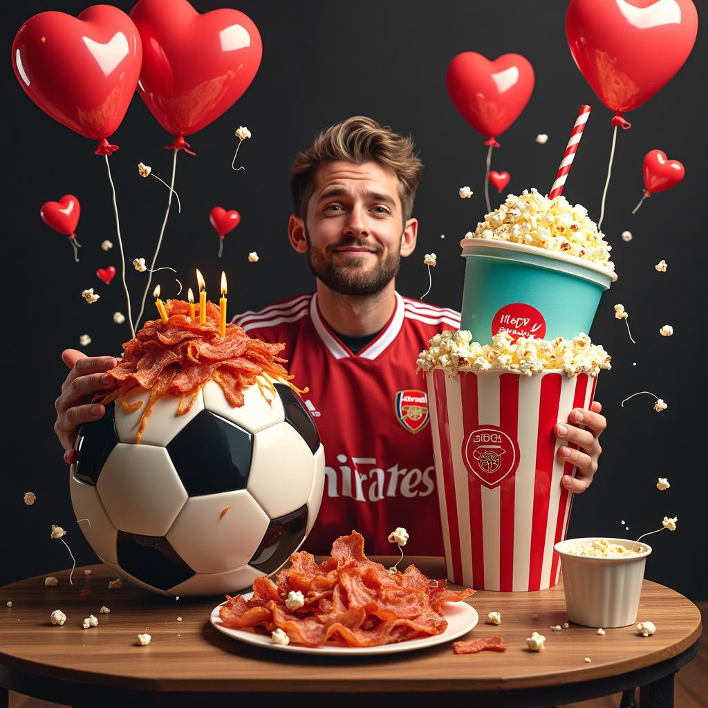 In the center of the design, Kurt is humorously depicted celebrating his 29th birthday in a bustling cinema lobby, donning an oversized Arsenal football jersey. Around him, a quirky chaos unfolds. A whimsically large soccer ball serves as a table for an array of snacks, including a pile of crispy bacon styled like a birthday cake, complete with festive candles. Perched on top of the soccer ball, a colossal slushie cup and a giant box of popcorn are cheekily engaging in a playful 'cheers'. The slushie's dome lid is adorned with the Arsenal badge, and the popcorn box is whimsically overflowing, with each kernel having a small, comical face drawn on it, expressing its shock at the scene's playful absurdity. As a symbol of love, heart-shaped balloons float above, tethered to the snacks with streamers. The entire scene is framed by stylized film reels and cinema curtains to emphasize the cinematic theme.
Generated with these themes: Kurt, Arsenal badge , Popcorn, Bacon, Slushie, 29, Love, Soccer ball, and Cinema.
Made with ❤️ by AI.