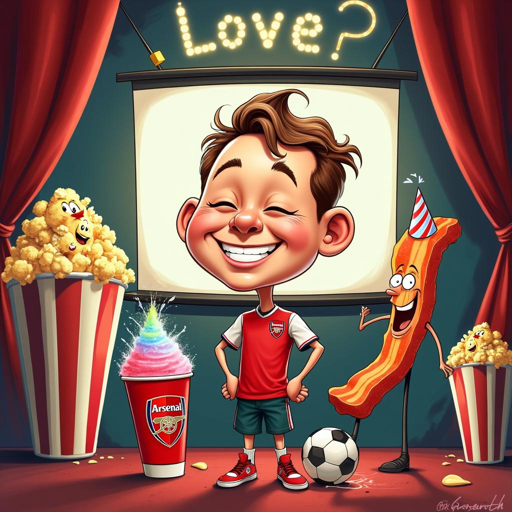 In this design, a caricature of Kurt is poised for laughter in front of a cinema screen that is beginning to roll the film of his 29th birthday. To his right, an animated Arsenal badge is enthusiastically dribbling a cartoonish soccer ball, which is adorned with a '29' in bold, celebratory font. To the left of Kurt, a comically large bacon strip wearing a party hat winks cheekily while reclining on an equally oversized slushie cup that is brimming with vibrant, colorful slush. Towering above the slushie, a gigantic tub of popcorn showers the scene, each plump kernel featuring a playful smile, reminiscent of the audience's entertained expressions. Strung across the top, 'Love' is spelled out in marquee lights. At Kurt's feet lies a whimsical ticket stub inviting guests to the 'Birthday Blockbuster Bonanza,' cleverly tying the cinema and soccer themes together within this jovial illustration.
Generated with these themes: Kurt, Arsenal badge , Popcorn, Bacon, Slushie, 29, Love, Soccer ball, and Cinema.
Made with ❤️ by AI.