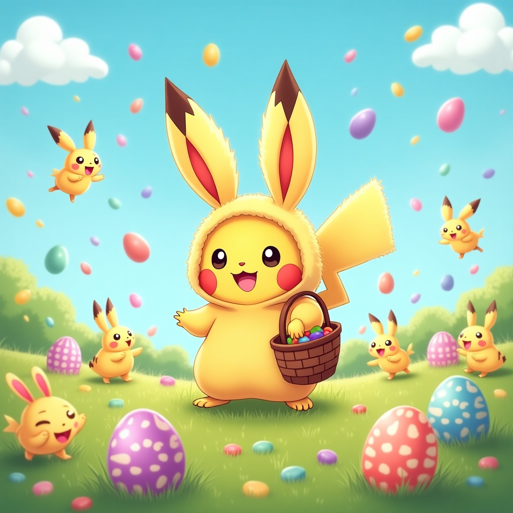 **Image Prompt:**  
At the top of the illustration image, *Happy Easter, Little Boo — hope your eggs are shockingly sweet!*

Create a whimsical, funny Easter-themed illustration in a bright, cartoon style. Picture Pikachu dressed in a fluffy bunny costume, with oversized ears flopping over and a pastel-colored Easter basket slung over one paw. He's tiptoeing through a meadow filled with brightly painted Easter eggs, but instead of hiding them, he’s accidentally zapping them with little sparks of electricity—causing them to crack open and pop like popcorn. Around him, baby chicks and startled bunnies are leaping into the air, with expressions of comic surprise. The sky is cheerful and springlike, and a few eggs have cracked open to reveal jelly beans flying in every direction. The scene should be full of energetic movement, playful chaos, and pastel colors, perfect for an Easter giggle.
Generated with these themes: Pikachu.
Made with ❤️ by AI.
