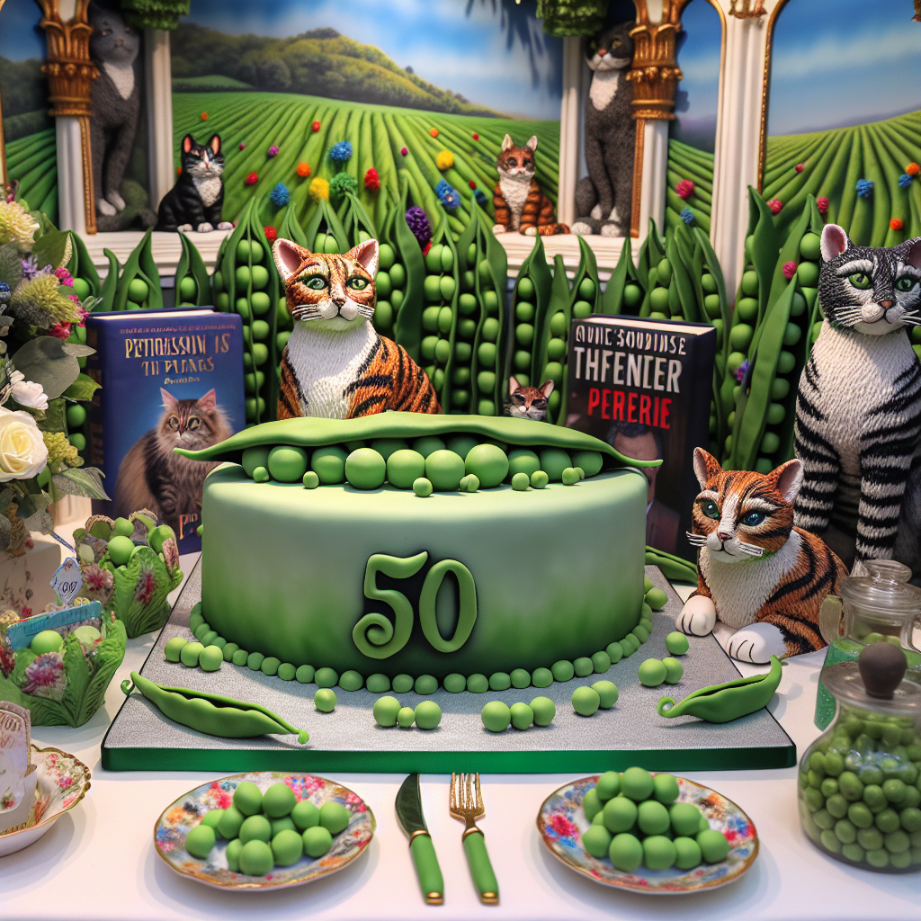 Depict a whimsical birthday party scene with vivid lifelike tabby cats, made of fondant, frolicking amidst decorations inspired by a lush pea patch. Centralized in the scene is a magnificent cake, crafted to resemble a pea pod, subtly incorporating the numbers '50' into its design to denote the celebration of a milestone birthday. Party favors and table settings are adorned with tiny pea and cat embellishments, adding a charming appeal to the celebration. A dedicated corner showcases a range of thriller novels, indicative of the honoree's fondness for a legendary fictional character.
Generated with these themes: Tabby cats, Peas, 50, and Jack reacher.
Made with ❤️ by AI.