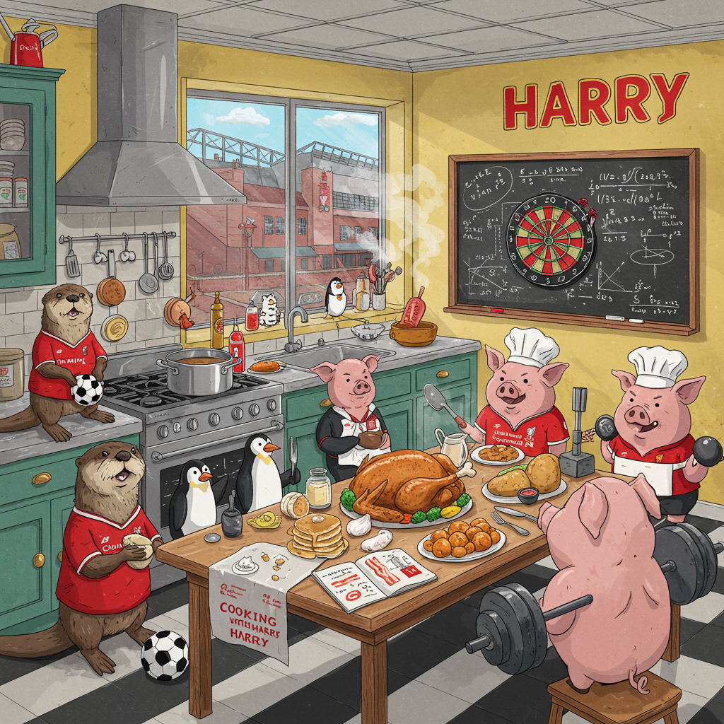 **Front Cover Description:**

**Background:**  
The scene is set in a whimsical, lively kitchen with checkered black and white floors and bright, lemon-yellow walls. A large window reveals a backdrop of the iconic Anfield Stadium, with the Liverpool FC emblem proudly displayed on the building.

**Foreground Elements:**

1. **Otters and Penguins:**  
   - On the left side, two cheeky otters dressed in Liverpool FC jerseys are perched on a kitchen counter, holding mini footballs. Their fur is glossy and wet-looking, reflecting the kitchen light.
   - A pair of penguins, in Liverpool scarves, stand beside a stainless-steel stove. One penguin is flipping pancakes with a spatula, while the other stirs a pot labeled “Gravy.”

2. **Pigs and Darts:**  
   - Near the window, three playful pigs are standing on hind legs. One is holding a dart with its snout pointed toward a dartboard on the wall, where the darts are uniquely designed to resemble miniature sausages.
   - The dartboard is set in the classic red and green color scheme, but with numbers made of bacon strips.

3. **Cooking and Roast Dinners:**  
   - The kitchen table is set with a grand roast dinner featuring a golden-brown turkey, surrounded by roasted vegetables and a jug of gravy. Steam rises, adding a sense of warmth.
   - An open cookbook titled "Cooking with Harry" lies on the table, with illustrated diagrams of complex culinary equations.

4. **Maths:**  
   - Above the table, a chalkboard is covered with intricate mathematical formulas, involving angles and measurements of various culinary items.

5. **Weightlifting:**  
   - In the corner, a pig with an exaggeratedly muscular build lifts a barbell, with weights humorously shaped like oversized potatoes.

**Text:**  
- “Harry” is creatively inscribed in the sky outside the window, formed by clouds drifting over Anfield, visible through the window. The letters are puffy and distinct.

**Colors and Details:**  
- The overall palette is vibrant, featuring rich reds, whites, and blacks in homage to Liverpool FC, complemented by the warm hues of the roast dinner and the soft, cool tones of the animals’ fur and feathers.
- The scene is filled with lifelike details, from the fur textures of the animals to the shiny metal sheen of kitchen utensils, adding realism to the delightful chaos.

This card captures a vivid and humorous birthday celebration, blending the joys of sports, culinary arts, and whimsical animal antics.
Generated with these themes: Otters, Penguins, Liverpool football club, Pigs, Darts, Cooking, Roast dinners, Maths, and Weightlifting.
Made with ❤️ by AI.