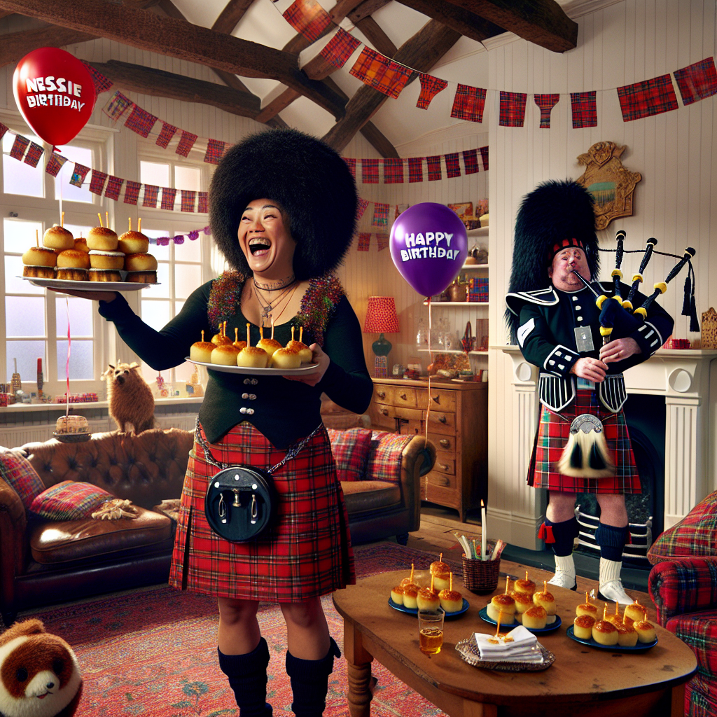 Create a vibrant and humorous birthday celebration scene taking place in a quaint traditional Scottish cottage decorated with tartan banners and playful 'Nessie' balloons. The living room is filled with contagious laughter as the Hispanic wife, wearing a kilt and a comically oversized Tam o' Shanter, skillfully juggles a tray of haggis canapés. The atmosphere of the celebration is filled with holiday spirit, marked by a Middle-Eastern bagpiper, situated in the corner playing 'Happy Birthday' jovially, despite his slightly off-key notes, yet full of enthusiasm.
Generated with these themes: Wife, Holiday, and Scotland.
Made with ❤️ by AI.