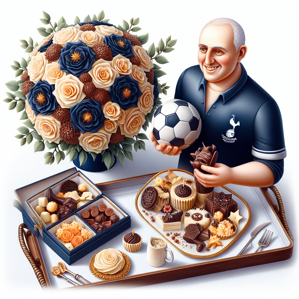 Depict a genteel, yet charming commemoration setting, reflecting both refinement and high spirits. A bouquet inspired by the colors and motif of the Tottenham team rests beside a tray filled with gourmet delicacies, signifying the couple's common passions and delightful shared experience. Central to the illustration, a lifelike sugar sculpture of a middle-aged Caucasian man with a likeable smile, holds a chocolate replica of an iconic soccer ball, uniting the realms of films, sports, and mouth-watering sweets.
Generated with these themes: Tottenham , Tom Hanks, and Sweets.
Made with ❤️ by AI.