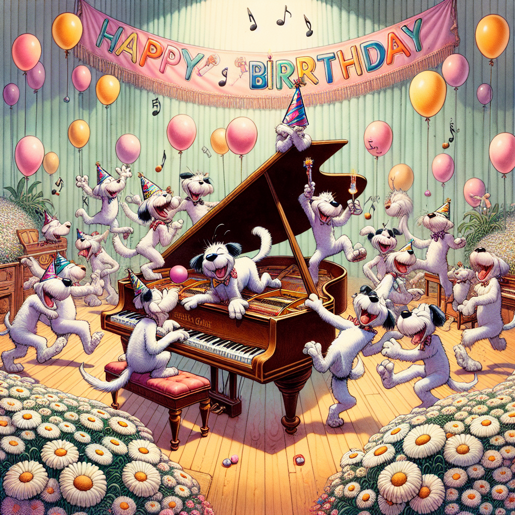 A whimsical birthday scene takes place, centralized around a grand piano decorated with a vibrant birthday banner. Enthusiastically dancing on the piano are a group of jubilant anthropomorphic dog characters, reminiscent of a popular comic strip, engrossed in their celebration. The piano and its dancing figures are surrounded by groupings of luminous white and yellow daisies, adding an element of nature to the festive atmosphere. Overhead, balloons in soft pastel shades hover, contributing to the festive ambiance. Illustrative musical notes hang in mid-air, suggesting a cheerful birthday melody playing at this joyous celebration.
Generated with these themes: Piano , Snoopy, and Daisies.
Made with ❤️ by AI.