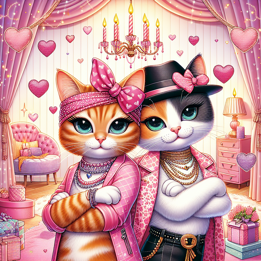 Create a heartwarming image of a birthday celebration featuring two main characters - a stylish ginger cat and a trendy calico cat. They are celebrating their eighth birthday with charisma. The cats are embellished with fashionable Accessories and posed confidently in a room with an engaging palette of pink and lilac shades. The room is magnificently decorated with hearts of numerous sizes, exuding the bliss and love that comes with a birthday party. This scene is designed to touch the viewers' feelings of affection, enticing soft smiles and radiating heartwarming vibes.
Generated with these themes: Ginger cat, Calico cat, 8, Cute, Fashion, Pink, Lilac, and Hearts.
Made with ❤️ by AI.