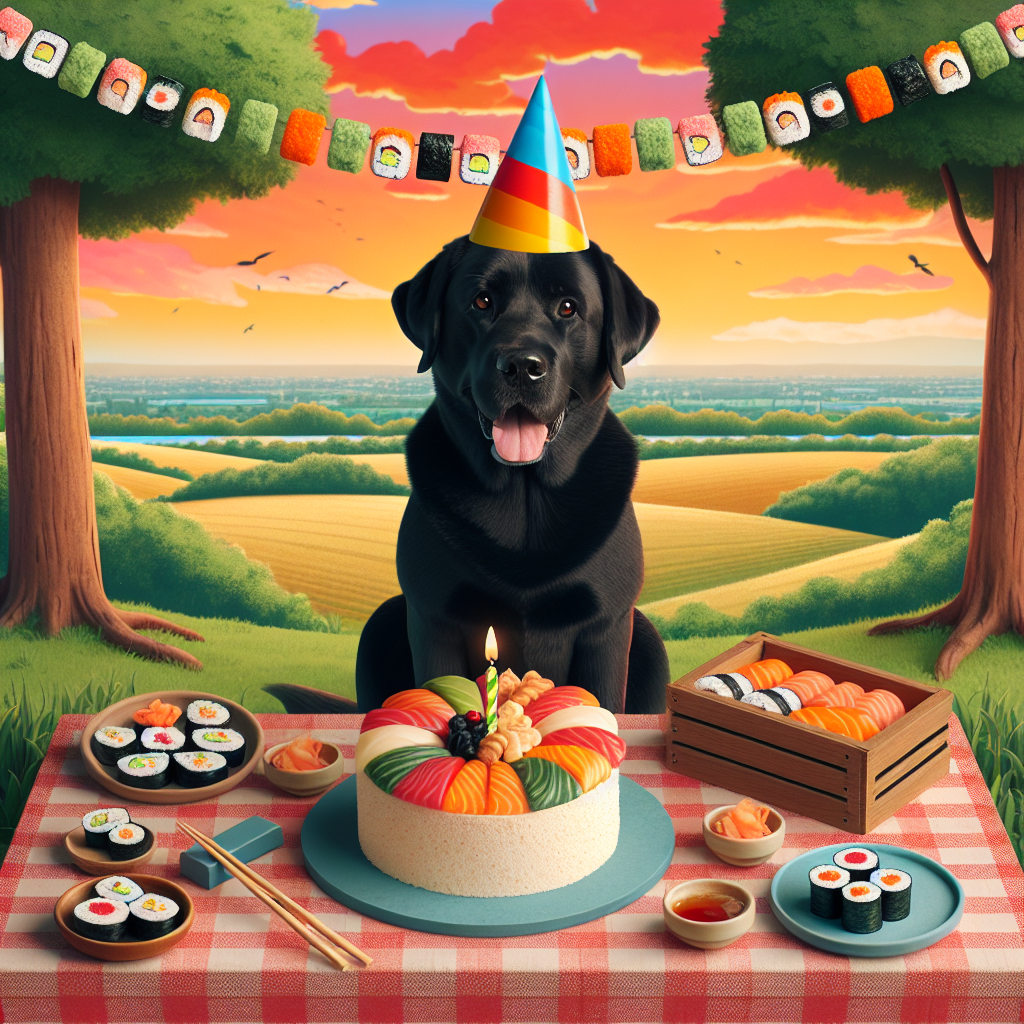 Black labrador, Sushi, and Countryside Birthday Card
