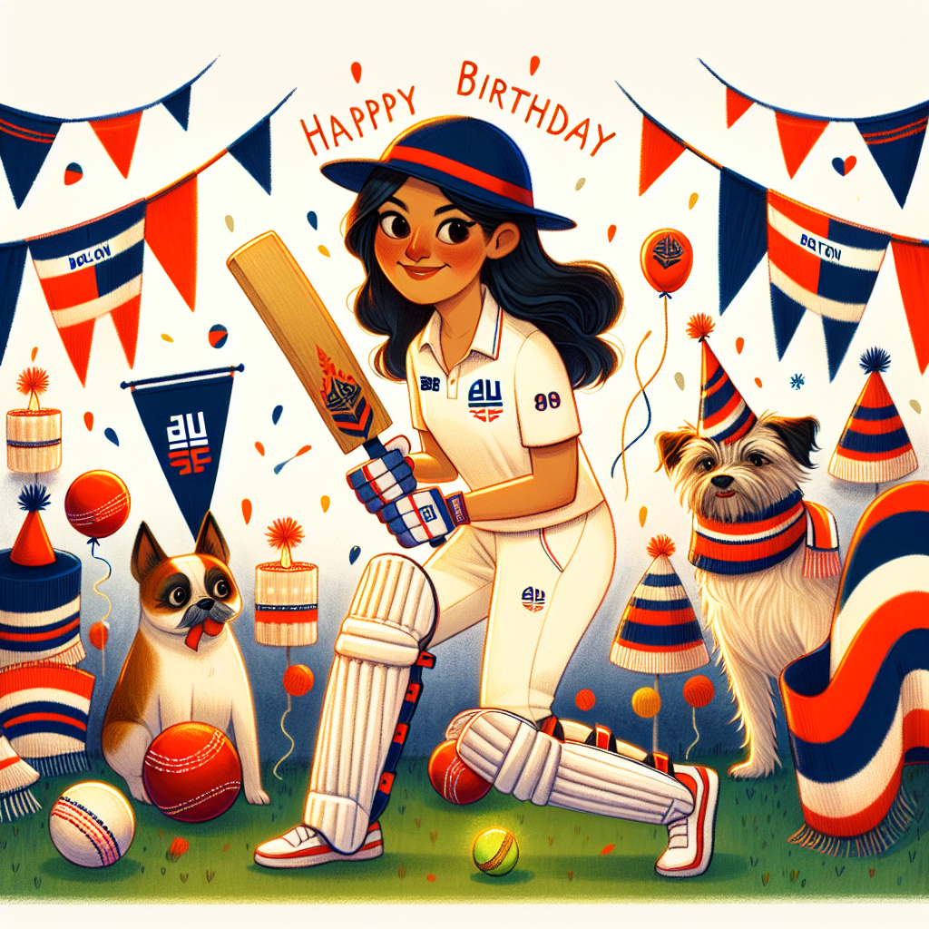 Create a warm, festive birthday illustration infused with elements that pay homage to Bolton Wanderers, highlighting their iconic scarves and flags festively placed around the edges. The central figure is a South Asian female cricket player drawn charmingly, ready in batting posture with a friendly smile, while a small dog playfully rolls a tennis ball toward her. The background is dotted with a cluster of dogs of different breeds, each wearing fun party hats and adorned in English cricket colors, all eagerly participating in the birthday revelry.
Generated with these themes: Bolton wanderers, English cricket, and Dogs.
Made with ❤️ by AI.