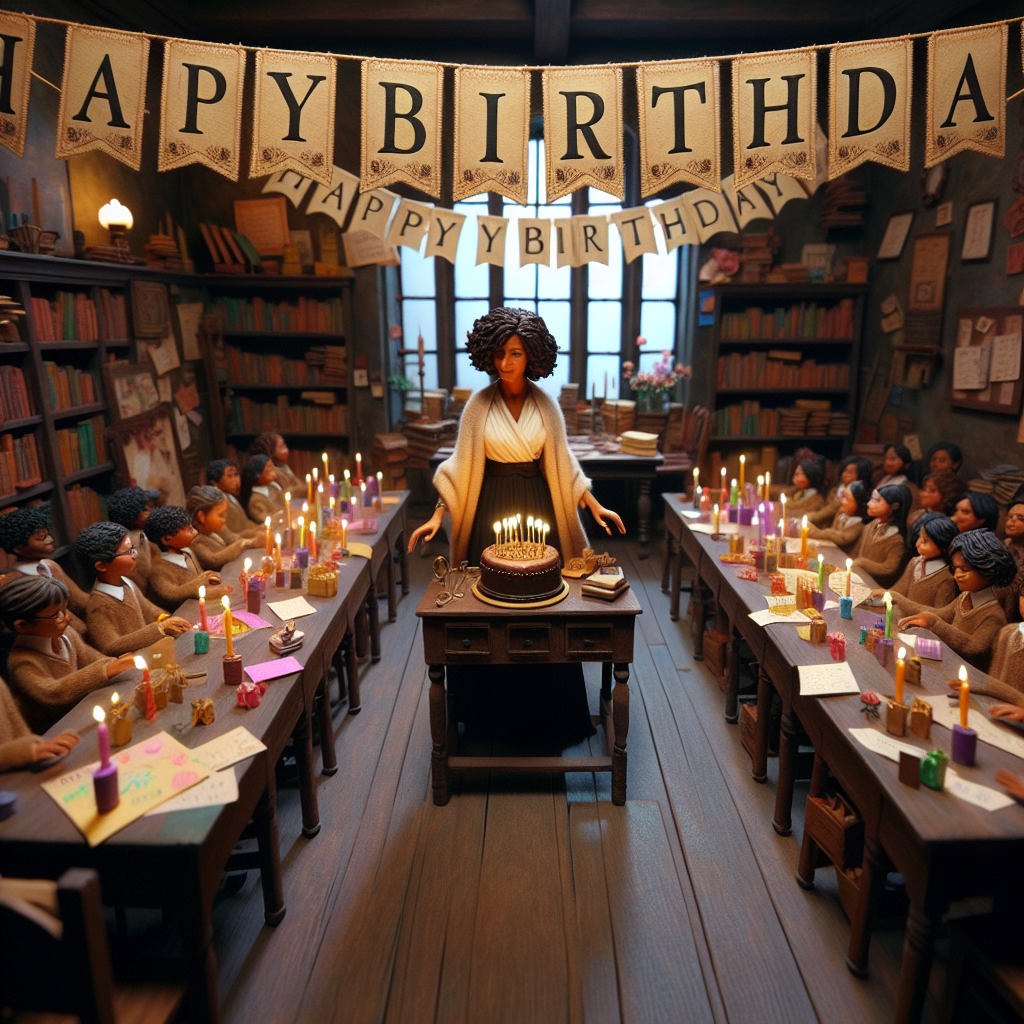 An enchanting, realistic scene of a birthday celebration unfolds, focusing on an ebony-haired Middle-Eastern female teacher amid her lively classroom. The surroundings are embellished with a tasteful blend of birthday decorations that bear a scholarly motif. Suspended in the air, a banner spelling out 'Happy Birthday' matches the educational theme of the classroom through its refined design. Children's crafted greeting cards, filled with sincere sentiments, festoon the classroom walls. A diminutive yet classy birthday cake, adorned with candles, is positioned on the teacher's desk. The room is saturated with joy, laughter, and an inviting ambiance as the birthday festivities begin.
Generated with these themes: Brunette, Teacher, Happy Birthday.
Made with ❤️ by AI.