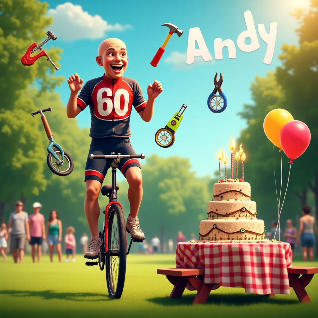 In the bustling backdrop of a vibrant, green park, the sun casts its warm, golden glow upon a lively 60th birthday celebration for Andy. At the forefront of the scene, a bald-headed man with a wide, toothy grin and twinkling eyes is enthusiastically balancing on a unicycle while wearing a sporty, form-fitting cyclist outfit. The shirt is emblazoned with the number "60" in bold, dynamic colors. Surrounding him, a variety of handyman gadgets seem to float magically in the air, as if juggling themselves: a shiny hammer, a neon-green tape measure, and a pair of bright blue pliers. Each tool is meticulously detailed, catching the sunlight and adding a playful twinkle to the scene. To his side, a picnic table is laden with a lavish spread, the centerpiece being a large, tiered birthday cake decorated with cycling-themed motifs—miniature bike wheels, tiny tool-shaped candies, and a hand-piped cycling route. Atop the cake, the words "Happy Birthday Andy" are written in icing, but the cherry on top is a set of candles shaped like wrenches, flames flickering in the gentle breeze. Above this lively gathering, fluffy white clouds in the azure sky have mysteriously formed the letters "Andy," while colorful balloons bob gently, tethered to the picnic table, each balloon featuring a small icon of a different handyman gadget. In the background, park-goers pause in their activities to cheer on the balding, athletic cyclist as he shows off his unique talents. This whimsical scene perfectly captures the spirit of Andy's milestone birthday.
Generated with these themes: 60th Birthday, Bald headed man, Athletic, Cyclist, and Handyman gadgets.
Made with ❤️ by AI.