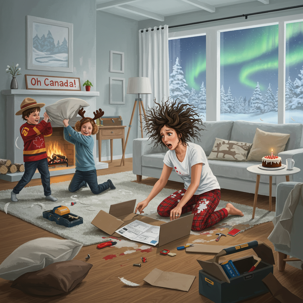 The scene unfolds in a spacious, minimalist Canadian living room, the backdrop a subtle palette of snowy whites and soft grays. Large bay windows frame the image, letting in slivers of the Northern lights peeking through the winter sky, casting a kaleidoscope of colors across the room. The floor is polished maple, gleaming faintly under the frosty moonlight.

In the center, a stressed mum is kneeling over an IKEA-like manual, surrounded by an array of allen keys, screws, and flat-packed panels. She's wearing plaid pajama pants, a nod to Canadian flannel, and a white, paint-splattered t-shirt. Her hair is comically frazzled, almost standing on end, a few paintbrushes haphazardly stuck in her bun.

Around her, the walls are adorned with empty picture frames, indicating a home mid-renovation. There’s a paint roller leaning against a freshly painted wall with splatters of Arctic white paint across the floor.

To her left, two kids are engrossed in an epic pillow fight. The older child, a boy in a red Mountie hat and a hockey jersey, is mid-swing with a pillow, feathers already exploding like confetti around him. His younger sister, wearing moose antler earmuffs and a maple leaf emblazoned sweater, is countering with a cushion decorated with tiny beavers.

In the background, a cozy fireplace is visible, unlit, with a neat stack of birch logs beside it. Above the mantle, a carved wooden sign reads “Oh Canada!” in a playful script, adding a touch of national pride.

Tucked away in a corner is a half-built bookshelf, next to an open toolbox spilling nails and a hammer onto the floor. A tiny, neglected cake with a single candle flickers quietly on a minimalist coffee table, icing beginning to melt into the stark white surface.

The entire scene is bordered with intricate, whimsical illustrations reminiscent of Aubrey Beardsley's style, intertwining maple leaves and curling vines around the edges, adding a touch of delicate elegance to the otherwise chaotic tableau.
Generated with these themes: Canadian, minimalism, white decor, home renovation, stressed mum, fighting kids.
Made with ❤️ by AI.