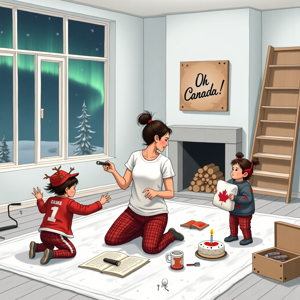 The scene unfolds in a spacious, minimalist Canadian living room, the backdrop a subtle palette of snowy whites and soft grays. Large bay windows frame the image, letting in slivers of the Northern lights peeking through the winter sky, casting a kaleidoscope of colors across the room. The floor is polished maple, gleaming faintly under the frosty moonlight.

In the center, a stressed mum is kneeling over an IKEA-like manual, surrounded by an array of allen keys, screws, and flat-packed panels. She's wearing plaid pajama pants, a nod to Canadian flannel, and a white, paint-splattered t-shirt. Her hair is comically frazzled, almost standing on end, a few paintbrushes haphazardly stuck in her bun.

Around her, the walls are adorned with empty picture frames, indicating a home mid-renovation. There’s a paint roller leaning against a freshly painted wall with splatters of Arctic white paint across the floor.

To her left, two kids are engrossed in an epic pillow fight. The older child, a boy in a red Mountie hat and a hockey jersey, is mid-swing with a pillow, feathers already exploding like confetti around him. His younger sister, wearing moose antler earmuffs and a maple leaf emblazoned sweater, is countering with a cushion decorated with tiny beavers.

In the background, a cozy fireplace is visible, unlit, with a neat stack of birch logs beside it. Above the mantle, a carved wooden sign reads “Oh Canada!” in a playful script, adding a touch of national pride.

Tucked away in a corner is a half-built bookshelf, next to an open toolbox spilling nails and a hammer onto the floor. A tiny, neglected cake with a single candle flickers quietly on a minimalist coffee table, icing beginning to melt into the stark white surface.

The entire scene is bordered with intricate, whimsical illustrations reminiscent of Aubrey Beardsley's style, intertwining maple leaves and curling vines around the edges, adding a touch of delicate elegance to the otherwise chaotic tableau.
Generated with these themes: Canadian, minimalism, white decor, home renovation, stressed mum, fighting kids.
Made with ❤️ by AI.