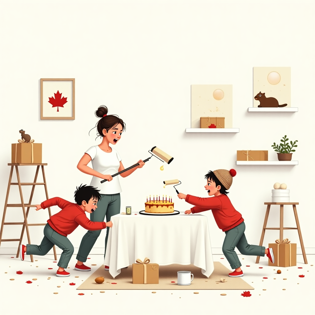 The cover of the greeting card is an amusingly chaotic scene that blends a humorous take on a birthday party with distinct Canadian and minimalist themes. 

**Background:** 
The backdrop is a white-walled living room that captures the essence of minimalism. The walls are decorated with simple yet elegant maple leaf motifs in muted tones of red and gold, paying homage to Canadian culture. A few sleek, modern white shelves house sparse but tasteful decor—perhaps a small, intricately detailed miniature model of a beaver and a framed sketch of the Northern Lights in soft pastels.

**Centerpiece:**
In the middle of the room stands a large white table covered in a white linen tablecloth, echoing the minimalistic theme. Atop the table is a modestly sized birthday cake, frosted in a light maple syrup color, with a single lit candle for effect. Next to the cake are a couple of presents wrapped in plain brown paper, tied with white string, reminiscent of a homey, rustic Canadian aesthetic.

**Characters:**
The focal point is the family scene. The stressed mum is at the center, wearing a white t-shirt splattered with paint as a nod to ongoing home renovations. Her hair is pulled back into a messy bun, with a paintbrush humorously tucked behind her ear. She holds a large paint roller in one hand, which has accidentally left a streak of white paint across a portion of the wall.

Around her, two children are energetically engaging in a light-hearted squabble. One child is pulling the other's red maple leaf-printed sweater, and the other retaliates with a playful tug at their sibling’s toque (knitted hat). The children's expressions and postures are exaggerated, with wide-open mouths and flailing limbs reminiscent of Quentin Blake's expressive style.

**Additional Details:**
A ladder stands in the corner, with a white paint can balanced precariously on one of its rungs. A paint-splattered step stool adds to the renovation theme, subtly reinforcing the feeling of an ongoing project. Scattered at their feet are a few renovation tools—a measuring tape and a couple of paint swatches.

A small, inquisitive raccoon, peeking out from behind the table, adds a dash of Canadian wildlife charm to the scene. The floor is lightly speckled with tiny footprints leading to the raccoon, suggesting its mischievous journey across the freshly painted floor.

The overall scene combines detailed illustrations with a quirky composition, blending Norman Rockwell’s narrative storytelling with Beatrix Potter’s delicate linework and detail. The result is a delightful depiction of a chaotic but heartwarming birthday celebration amidst the organized chaos of home renovation.
Generated with these themes: Canadian, minimalism, white decor, home renovation, stressed mum, fighting kids.
Made with ❤️ by AI.