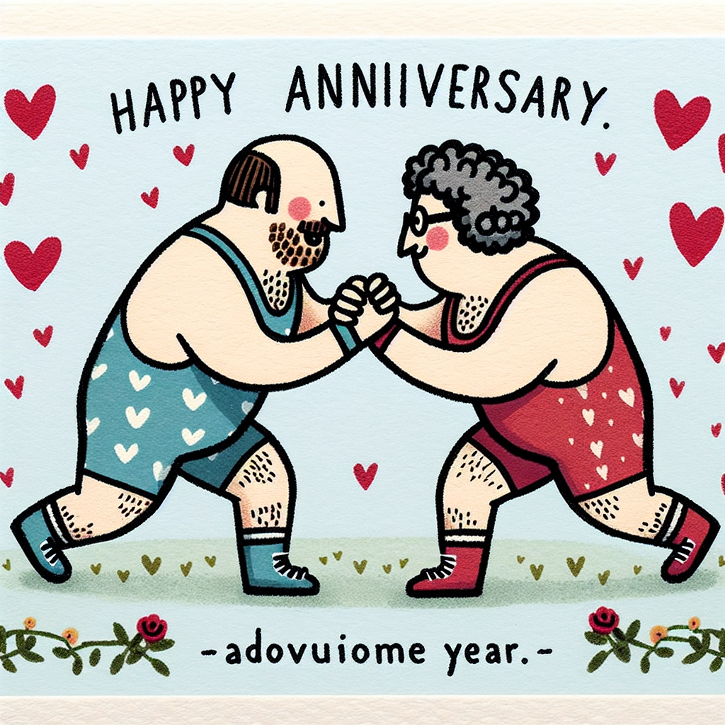 An adorable illustration celebrating an anniversary, portraying a jovial wrestling match between a Caucasian couple. Both individuals humorously have average builds and features akin to a popular comedian, infusing additional fun to this feat. The scene is bordered with hearts and numerals marking their significant year, adding a joyous and affectionate aura to the keepsake.
Generated with these themes: Wrestling, and Jason Manford.
Made with ❤️ by AI.