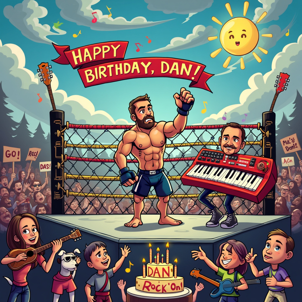 In the middle of a vibrant, bustling cartoon scene, a UFC cage fighter with exaggerated, muscular arms and a fierce yet comical expression stands inside an octagon-shaped cage. The cage's bars are made of twisted guitar necks, their headstocks adorned with colorful, whimsical strings. Above the cage, a banner stretches from one side to the other, proclaiming "HAPPY BIRTHDAY, DAN!" in bold, playful letters that seem to dance with energy.

To the right of the cage, a large, anthropomorphic keyboard with eyes, a wide grin, and cartoonish limbs is energetically "playing" itself, keys dancing up and down like they're part of a lively tune. The keys form a musical staff that loops around the cage and spells out "HAPPY BIRTHDAY" in musical notes, with each note representing a different letter.

In the foreground, a jubilant crowd of quirky characters—including a miniature Dan holding a birthday cake with sparklers—cheers and waves colorful signs that read "Go Dan!" and "Rock On!" The cake is festooned with candles that spell out "DAN" in glowing letters.

In the background, the sky is a canvas of swirling, cartoonish clouds that subtly form the letters "D-A-N" amidst a playful sun wearing sunglasses and strumming an acoustic guitar. On one side of the scene, a friendly cartoon dog with a bandana plays a keyboard on wheels, its tail wagging to the rhythm.

This whimsical birthday scene is bursting with energy and humor, a perfect blend of UFC intensity and musical festivity, all centered around celebrating Dan's special day.
Generated with these themes: UFC cage fighter, Guitar , and Keyboard.
Made with ❤️ by AI.