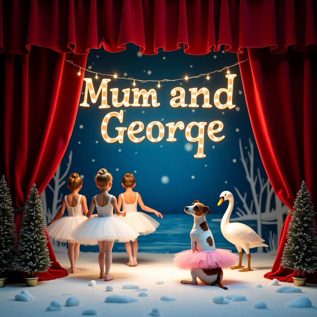 The scene unfolds on an opulently decorated theatre stage, transformed into a magical winter wonderland. The stage is adorned with faux snow, glittering icicles, and a backdrop painted to resemble a serene, frozen lake under a starry night sky. In the foreground, ballet dancers in elegant white tutus twirl gracefully, their delicate forms emulating the fluid movements of swans from Swan Lake. To their right, a charming one-eyed Jack Russell dog steals the spotlight, sitting primly on its haunches, wearing a pink tutu, with its head cocked curiously as it watches the dancers with intent fascination. Nearby, two life-sized artificial swans are positioned elegantly, as if they have just glided in from the lake. Overhead, suspended in mid-air, a string of twinkling marquee lights spell out "Mum and George," casting a warm, golden glow across the stage, adding a personalized touch to the festive scene. The edges of the stage are lined with tiny Christmas trees adorned with miniature ornaments and fairy lights, complementing the seasonal theme. The rich velvet curtains frame this enchanting tableau, completing the theatrical setting with a sense of grandeur and whimsy.
Generated with these themes: Theatre stage, Ballet dancers, Jack Russel dog, Swans, One eyed Jack Russel dog wearing a tutu, sat on stage watching ballet dancers perform swan lake , and Mum and George written in a sign with lights.
Made with ❤️ by AI.