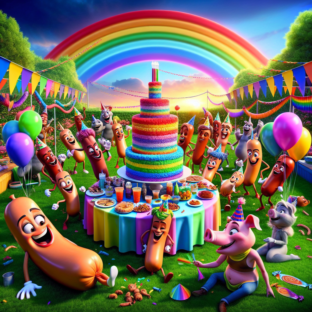 A jubilant birthday celebration takes place within a bustling and colorful cartoon world. The sky is beautifully ornamented with striking rainbows overarching a festive garden picnic scene. Here, we see anthropomorphic sausages, portrayed with amusing smiles and party hats, interacting with the party-goers. An anthropomorphic pig character, not linked to any copyrighted characters, relishes in the joyous ambiance, encircled by a medley of rainbow-toned streamers and balloons. The centerpiece of the event is a meticulously designed cake that playfully integrates the themes of sausages and rainbows.
Generated with these themes: Sausages , Peppa pig, and Rainbows.
Made with ❤️ by AI.