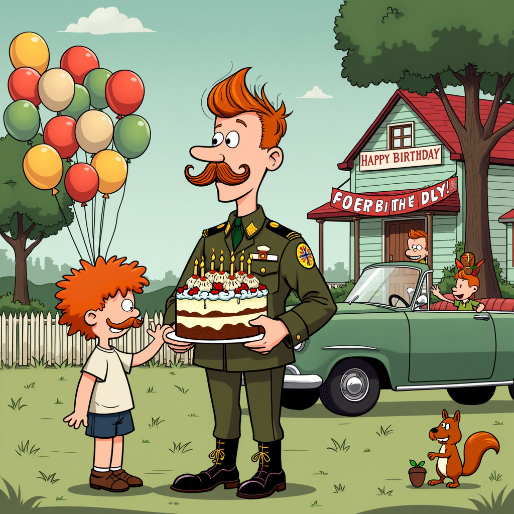 The scene takes place in a whimsical, slightly retro cartoon world reminiscent of a 1950s neighborhood, complete with picket fences and tidy lawns. In the foreground, a ginger-haired soldier stands proudly in his polished, olive-green uniform. His mustache, meticulously groomed, curls upwards at the ends, giving him a dashing yet comical appearance. He holds a large, festive birthday cake adorned with candles shaped like little soldiers, each with tiny mustaches and red, ginger tufts of hair peeking from under their helmets.

Next to him, a curious mix of characters adds to the jovial atmosphere. A young child, with wild, curly ginger hair and a playful grin, tugs at the soldier's uniform while pointing at the cake, clearly excited. Behind them, a whimsical assortment of birthday balloons floats in the air, some shaped like mustaches, others like little ginger-haired soldiers, all bobbing cheerfully.

In the background, there's a quaint house with a large banner strung across the porch reading "Happy Birthday, Hero!" in colorful, hand-drawn letters. A friendly dog, with a little soldier's hat perched awkwardly on its head, stands on its hind legs trying to reach for a slice of the cake.

To the side, a classic car with a '50s design is parked, with the windows down and streamers flowing out. The car's driver, another character with an exaggeratedly large mustache and ginger hair, leans out, waving and cheering.

Nearby, a tree adds a touch of nature, with a squirrel peeking out from behind it, sporting a tiny, makeshift soldier’s hat and a minuscule mustache, holding an acorn as if it's a little gift.

All elements of the scene are drawn with clean lines and vibrant colors, evoking the charm of Charles Schulz's Peanuts, the detailed whimsy of Hergé’s Tintin, and the playful absurdity of Gary Larson's The Far Side. This creates a charming, lively, and detailed tableau that tells a heartwarming and humorous birthday story.
Generated with these themes: Mustache , Ginger hair, and Soldier.
Made with ❤️ by AI.