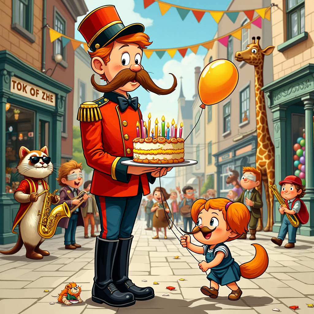 The front cover of the birthday greeting card is a vibrant and lively cartoon scene set in a whimsical town square, taking inspiration from the intricate and detailed styles of Winsor McCay and the humorous, character-driven worlds of Charles Schulz and Bill Watterson. 

In the center of the scene stands a stout, ginger-haired soldier with a perfectly groomed mustache that curls at the ends, reminiscent of something from an old-timey barbershop poster. He’s wearing an old-fashioned, bright red ceremonial uniform complete with shiny gold buttons, a matching plumed hat, and tall black boots polished to a gleam. He’s holding a large, colorful birthday cake that’s comically overloaded with candles, some of which have begun to melt and drip.

To his left, there's a lively street parade passing by, featuring a comical brass band made up of various animals. The lead musician, a jazzy saxophone-playing cat with an exaggeratedly long mustache, wears dark sunglasses and a beret. The drummer, a round and jolly panda, has ginger fur dyed in patches, and the trombonist, a tall giraffe, has a red mop-top wig.

Behind the soldier, the backdrop features quaint town buildings with decorative bunting and balloons in cheerful, bright colors. One of the buildings is a whimsical toy store, its window displays filled with delightful curiosities like spinning tops, teddy bears, and miniature soldiers that resemble our ginger-haired protagonist.

To the soldier’s right, a group of children, inspired by Calvin and Hobbes, are playing with a large, over-the-top birthday piñata shaped like a giant mustache. One child, with freckles and ginger pigtails, is preparing to take a swing, her blindfold slightly askew, while another holds a mustache-shaped balloon.

On the ground near the soldier, a small, mischievous dog with a bushy ginger tail and a fake mustache glued to its face is joyfully tugging at the soldier’s bootlace. A speech bubble from the dog reads, "I mustache you a question, but I'll shave it for later!" adding a touch of humor to the scene.

The sky above is a clear blue with a few fluffy, cartoonish clouds, and a colorful banner stretched between two rooftops reads "Happy Birthday!" in bold, festive letters. The entire scene is brimming with playful details and character interactions, ensuring that it captures the viewer’s attention and brings a smile to their face.

This bustling, humorous, and richly detailed scene encapsulates the essence of a quirky, fun-filled birthday celebration, blending the themes of mustaches, ginger hair, and soldiers into a delightful and memorable tableau.
Generated with these themes: Mustache , Ginger hair, and Soldier.
Made with ❤️ by AI.