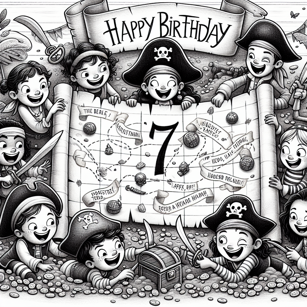A playful sketch of a pirate treasure map, with a prominent 'X' marking the 17th treasure spot. Around the 'X', cartoonish kids in pirate attire are digging with excitement. On the top corner of the map, a parchment scroll unfurls with the text 'Happy Birthday' penned in a swashbuckling script.
Generated with these themes: 17th kids  .
Made with ❤️ by AI.