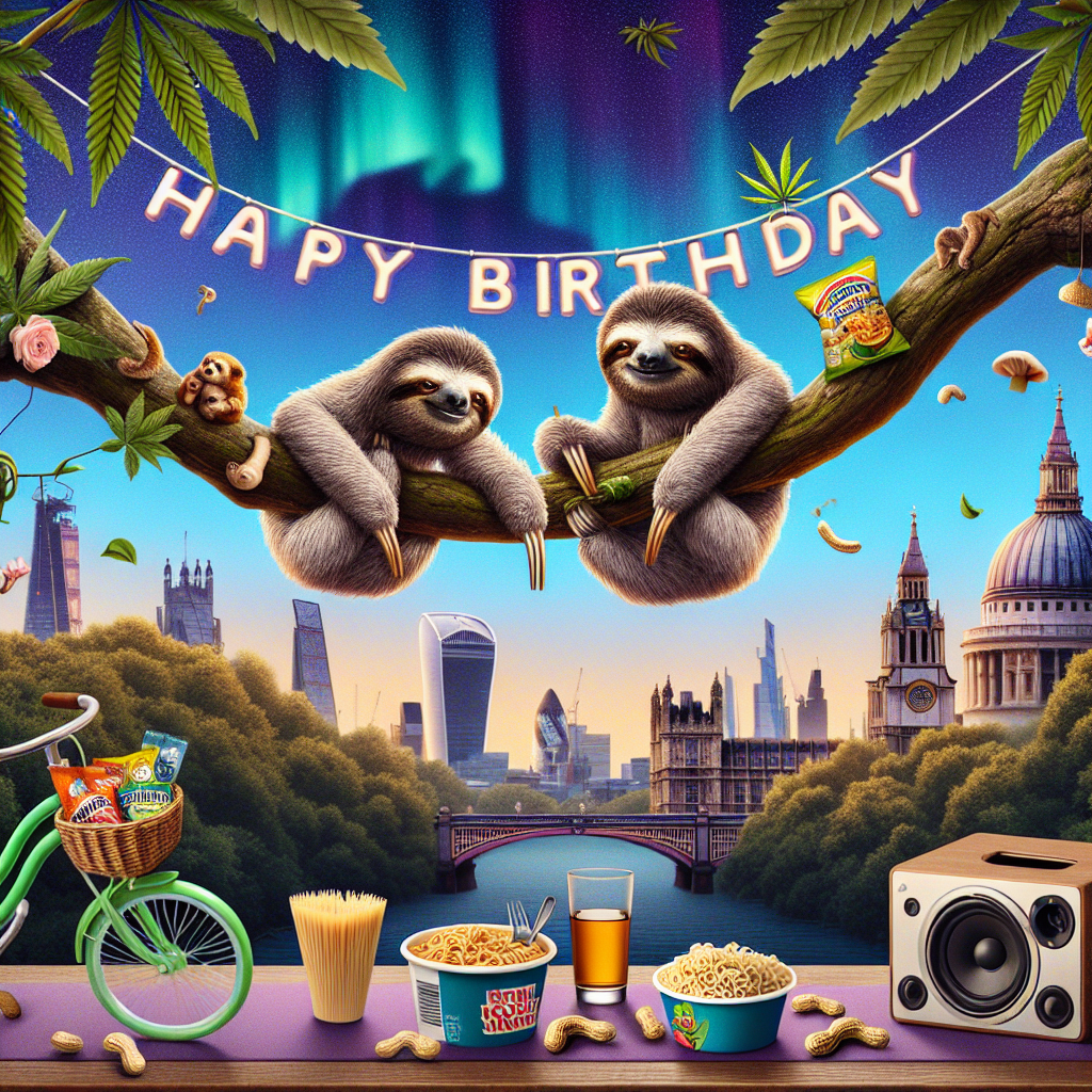 Imagine a fantastical birthday scene with two lovable sloths hanging from a tree branch. There's a 'Happy Birthday' banner draped over the branch. In a unique twist, the sloths are sharing a moment over a petite glass of whisky. In the background, some leaves are hinting at a cannabis-like shape. Below, instant noodles are scattered playfully. The scene is set against an imitation of the London skyline silhouette with well-known buildings like a tall pointed tower and a regal dome-shaped cathedral in the distance. Nearby, a vibrant green bicycle with a basket full of peanuts stands, next to a speaker ready to play celebratory music. Above all this, the breathtaking beauty of the Northern Lights illuminates the sky, enhancing the whimsical ambience of the scene.
Generated with these themes: Two sloths in love, Happy birthday, Whisky, Cannabis, Instant noodles, View of London Shard and St Paul's cathedral, Peanuts, Green bicycle, Speaker, and Northern lights.
Made with ❤️ by AI.