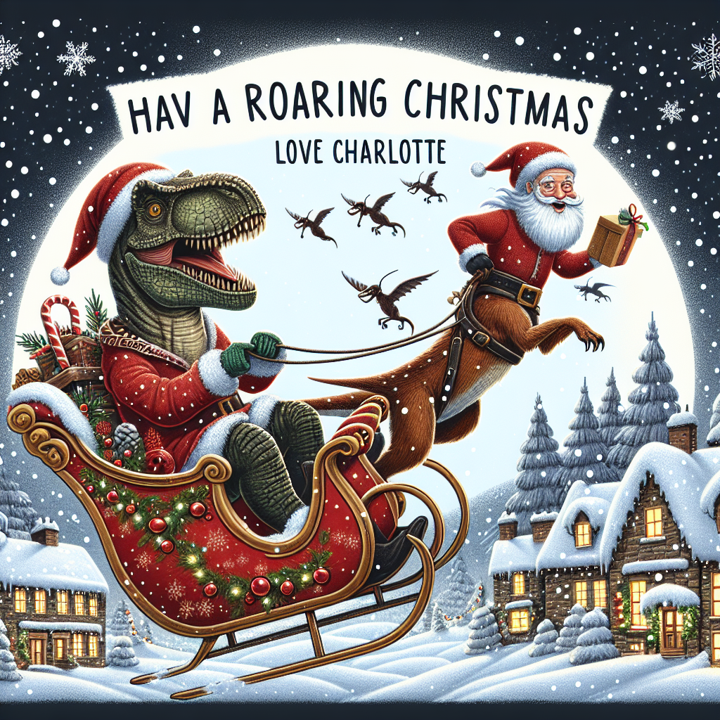 This festive illustration captures the heartwarming sight of a T-rex in a jaunty Christmas hat, gleefully co-piloting a sleigh with Santa Claus. They glide over a snow-laden village with houses decked in holiday lights. The joyous message 'Have a roaring Christmas. Love Charlotte' is intertwined with the falling snow, giving the artwork a touch of familial love.
Generated with these themes: T-rex with a Christmas hat on, riding a sleigh with santa.
Made with ❤️ by AI.