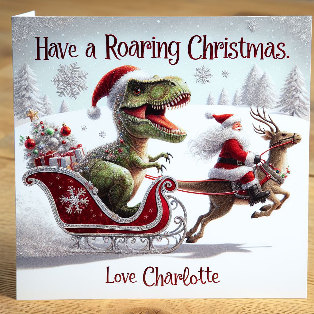 A whimsical Christmas illustration featuring a charming T-rex adorned with a festive Christmas hat, joyfully riding alongside Santa in a classic red sleigh. The snow beneath them is sprinkled with delicate snowflakes, painting a scene of holiday cheer. In the foreground, the warm greeting 'Have a roaring Christmas. Love Charlotte' is elegantly scripted, adding a personalized touch to the celebration.
Generated with these themes: T-rex with a Christmas hat on, riding a sleigh with santa.
Made with ❤️ by AI.