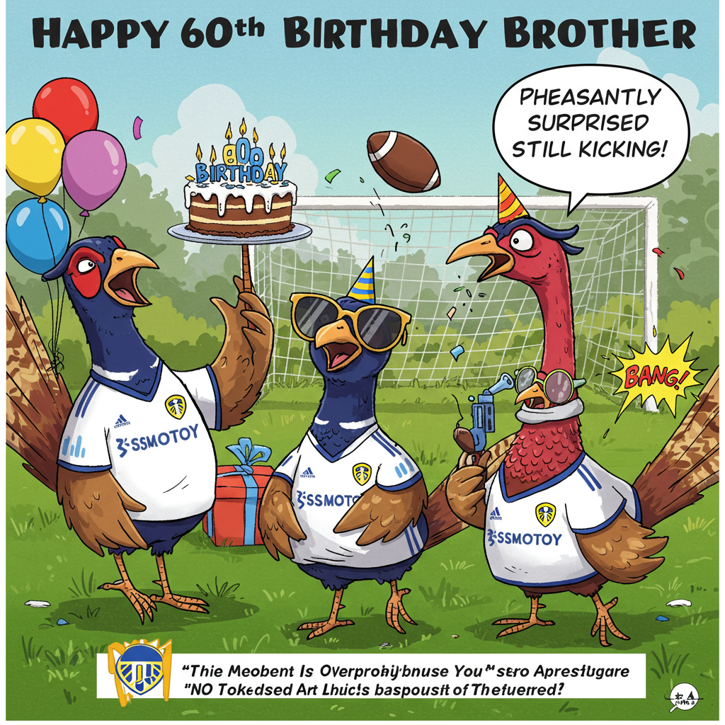 ### Image Prompt

At the top of the Cartoon Style image, include the text: "Happy 60th Birthday Brother"

**Scene Description:** 

In a vibrant, cartoon-style scene, a trio of playful pheasants, each sporting a Leeds United jersey, are having a wild birthday party. One pheasant is cheekily balancing a birthday cake on its beak, decorated with candles shaped like footballs. Another is enthusiastically trying to juggle a football while wearing oversized sunglasses. The third pheasant, with an exaggeratedly long neck, is holding a tiny toy gun, with a comically surprised expression, as if it just accidentally shot out a flag that reads "Bang!". In the background, there's a football goal post and scattered colorful balloons, all set against a lively, animated backdrop that captures the essence of a fun-filled celebration. 

**Image Text (if beneficial):** "Pheasantly Surprised You're Still Kicking!"
Generated with these themes: Pheasants guns Leeds united , and .
Made with ❤️ by AI.