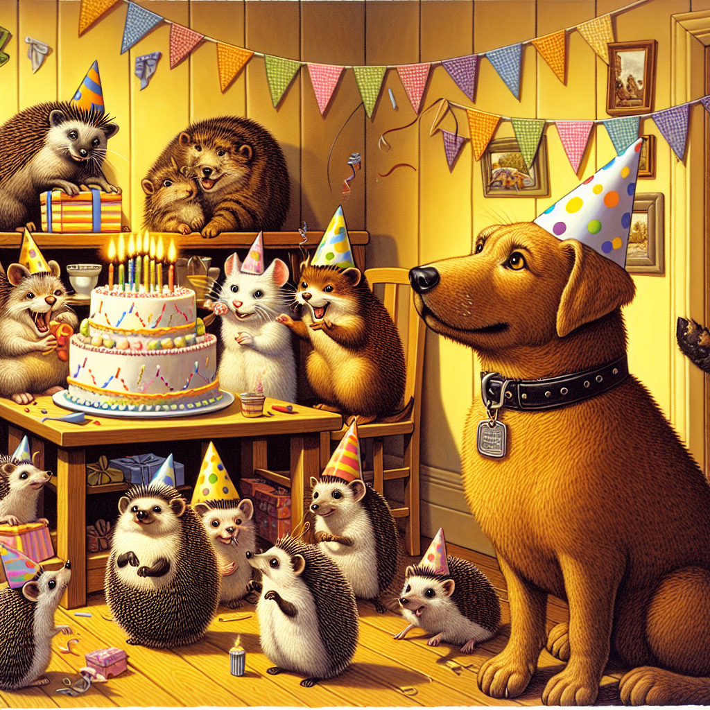 The illustration emits cheerfulness by depicting a lively birthday party where the central point of attraction is a set of playful cats, each donning a party hat, harmonizing around a birthday cake. Off to the side, an upbeat, large dog with a collar tag holds a vigilant gaze over some hedgehogs who are joyfully congregating around the gift table. In a warm, secluded corner, a little house cat and a mischievous brown mouse momentarily halt their usual misadventures, instead occupying themselves making decorative birthday streamers and paper hats, which adds an artistic flair to the entire scene.
Generated with these themes: Cats, Singing, Scooby doo, Hedgehogs, Tom and Jerry, and Crafting.
Made with ❤️ by AI.
