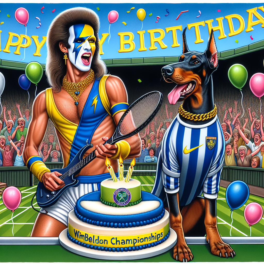 In this joyful birthday illustration, a flamboyantly attired, slender male rocker with distinctive makeup, reminiscent of a lightning bolt, plays a harmonious tennis duet with an athletic Doberman, both donning Wimbledon FC kits. They are surrounded by a lively crowd of balloons and confetti, with a lush, green tennis court beneath their feet that serves as a reference to the renowned Wimbledon championships. A cake decorated with royal blue and yellow icing, echoing Wimbledon FC's colors, sit in the foreground with 'Happy Birthday' exuberantly written on the top.
Generated with these themes: David bowie, Doberman, and Wimbledon fc.
Made with ❤️ by AI.