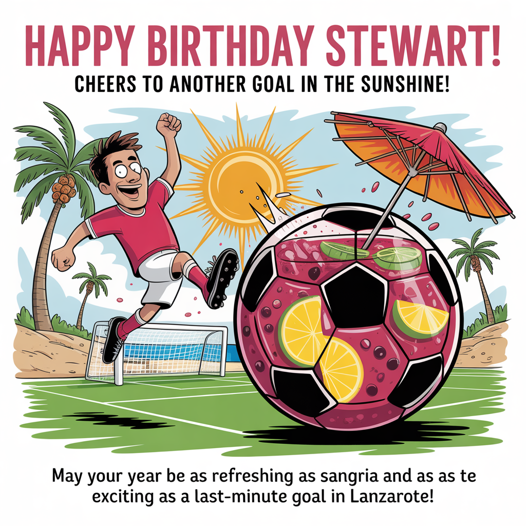 At the top of the image, "Happy Birthday Stewart! Cheers to Another Goal in the Sunshine!"

Add at the bottom of the image, "May Your Year Be as Refreshing as Sangria and as Exciting as a Last-Minute Goal in Lanzarote!"

- Illustrate a vibrant cartoon scene with Stewart, in exaggerated football attire, kicking a football made of fruity sangria, as the sun beams down in the background. A comical cocktail umbrella is perched atop the football, with palm trees swaying in the Lanzarote breeze.
Generated with these themes: Drinking sangria in the sunshine, Football, Lanzarote, , and .
Made with ❤️ by AI.